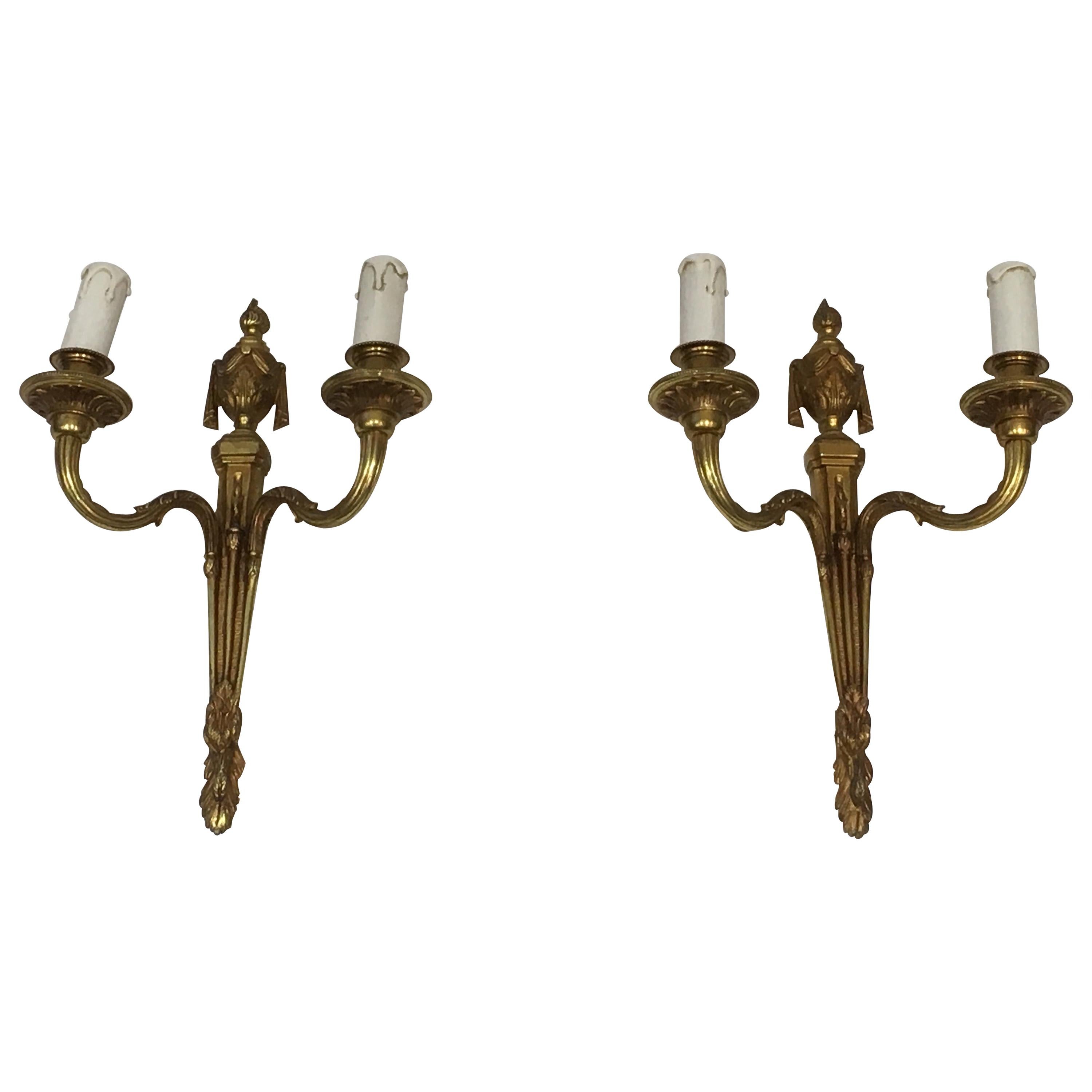 Pair of Louis the 16th Century Style Bronze Wall Sconces, French, circa 1940 For Sale