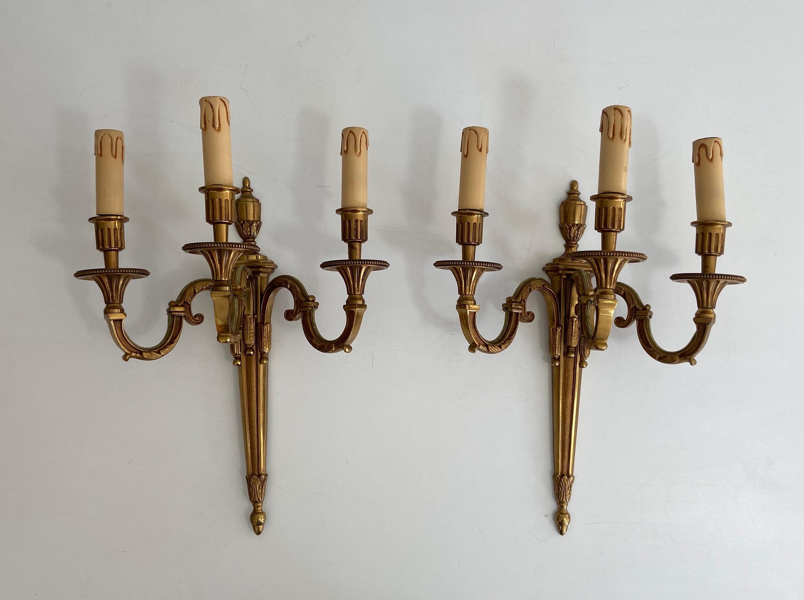 Pair of Louis the 16th Style 3 Arms Bronze Wall Lights by Lucien Gau For Sale 6