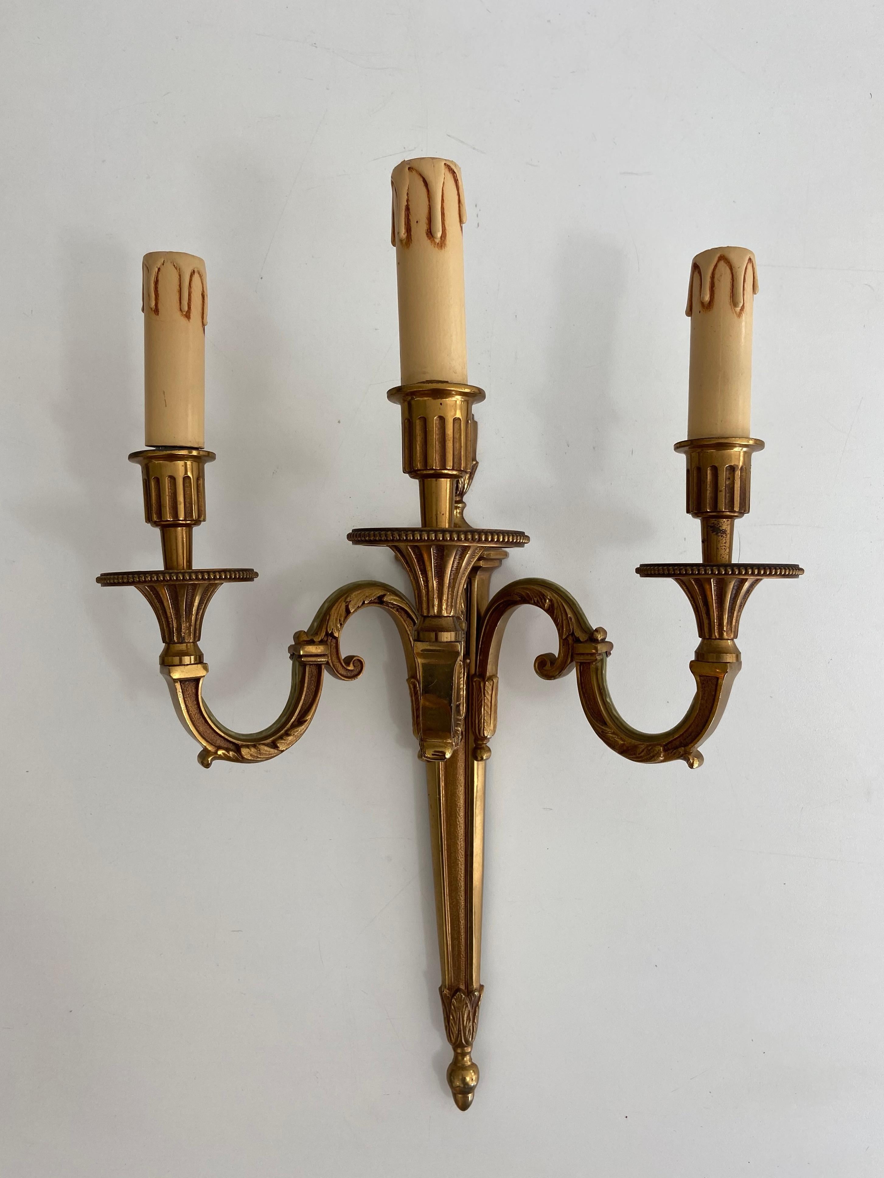 Louis XVI Pair of Louis the 16th Style 3 Arms Bronze Wall Lights by Lucien Gau For Sale