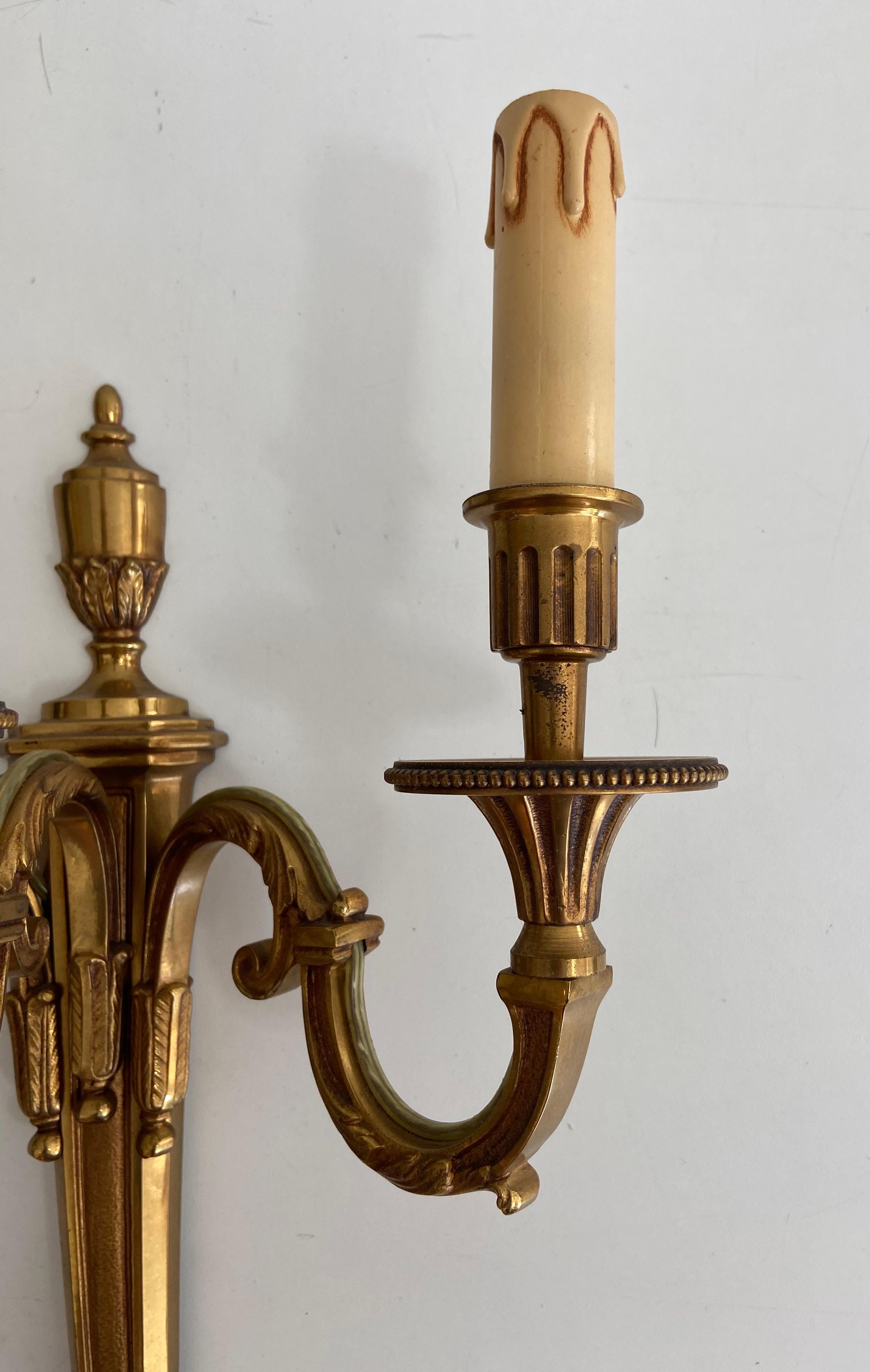 French Pair of Louis the 16th Style 3 Arms Bronze Wall Lights by Lucien Gau For Sale