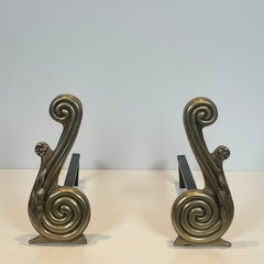 Pair of Louis the 16th Style Bronze and Wrought Iron Andirons Signed Armor Din