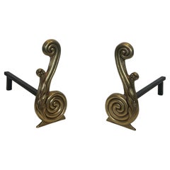 Paire de chenets en bronze et fer forgé de style Louis XVI signés Armor Bronze