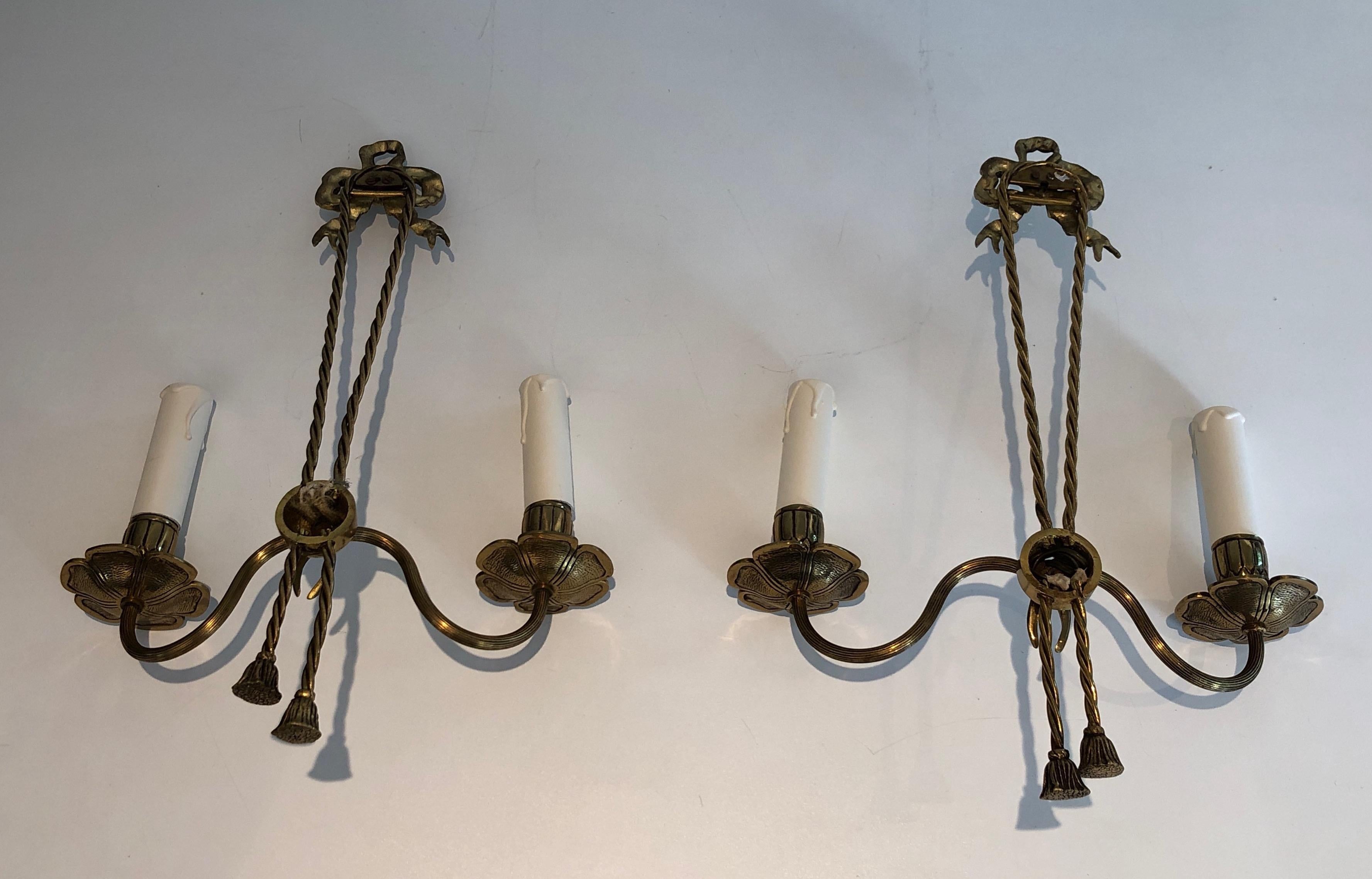 Pair of Louis the 16th Style Bronze Wall Lights with Ribbons, French, circa 1950 For Sale 7