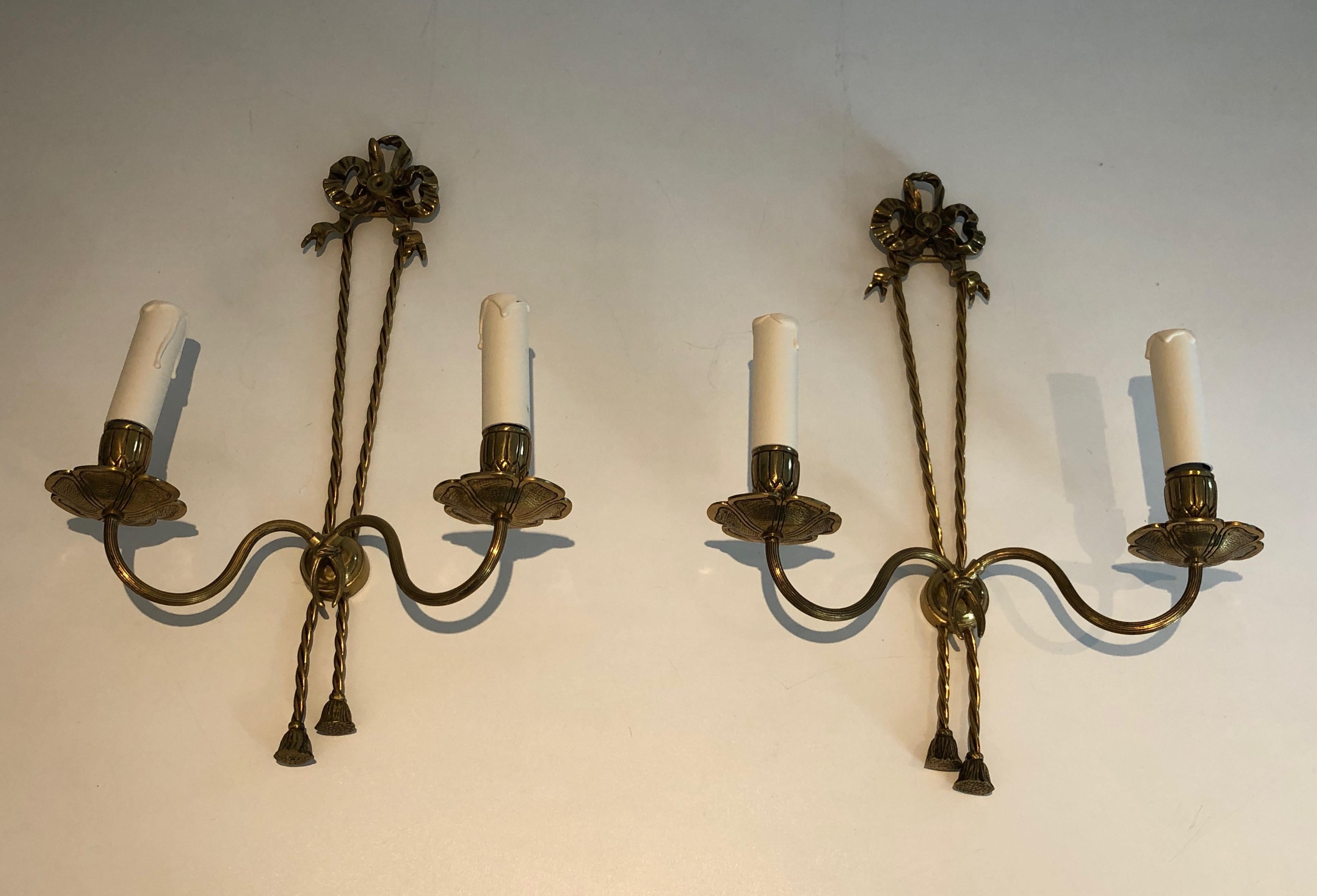 Pair of Louis the 16th Style Bronze Wall Lights with Ribbons, French, circa 1950 For Sale 15