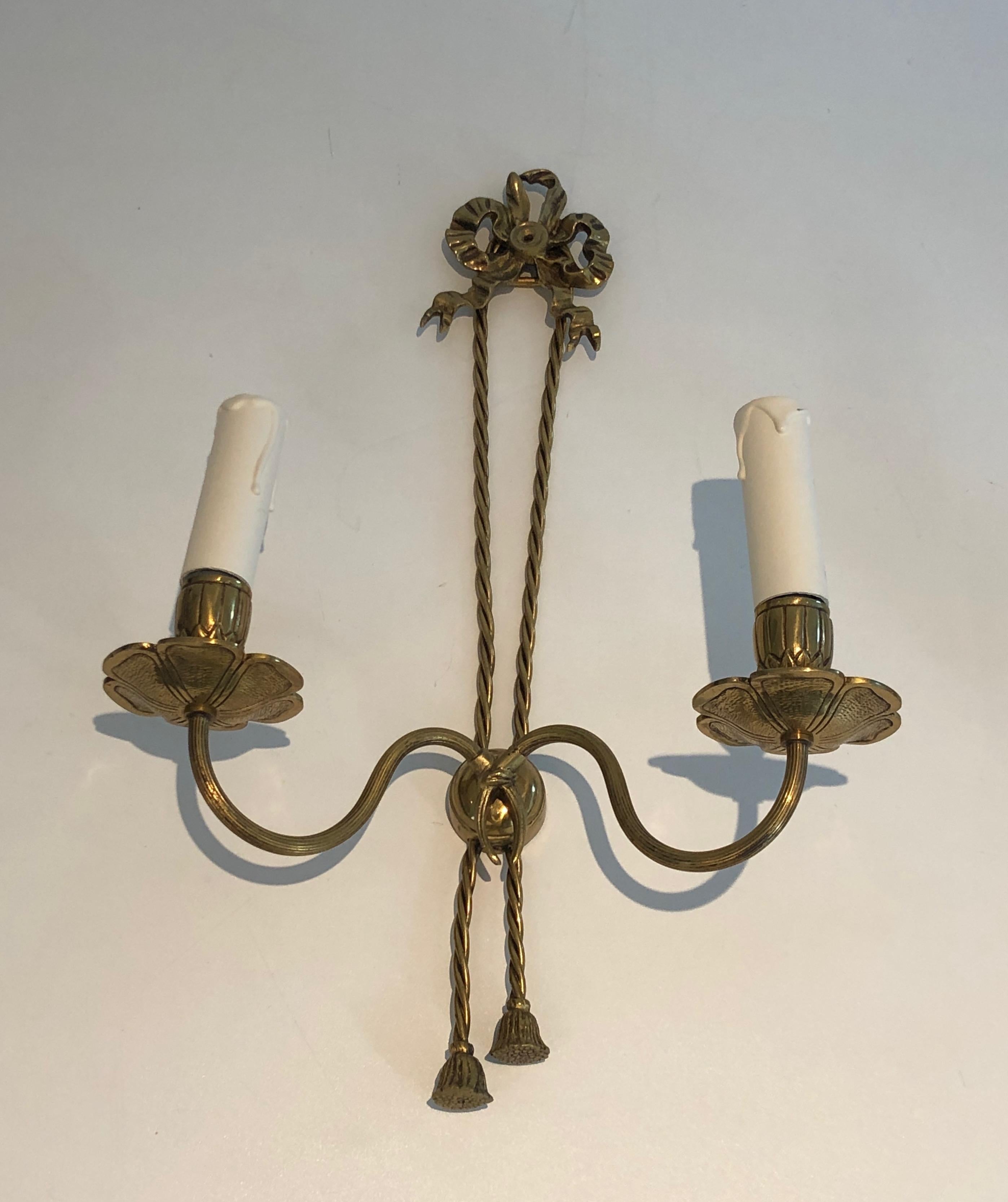 Neoclassical Pair of Louis the 16th Style Bronze Wall Lights with Ribbons, French, circa 1950 For Sale