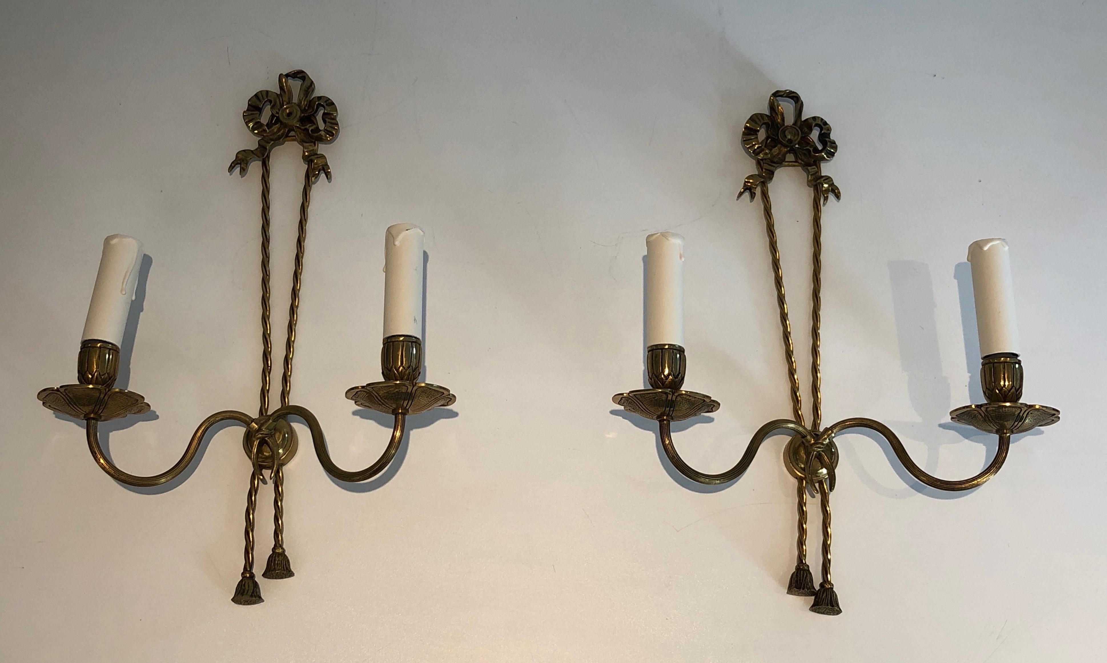 Pair of Louis the 16th Style Bronze Wall Lights with Ribbons, French, circa 1950 For Sale 4