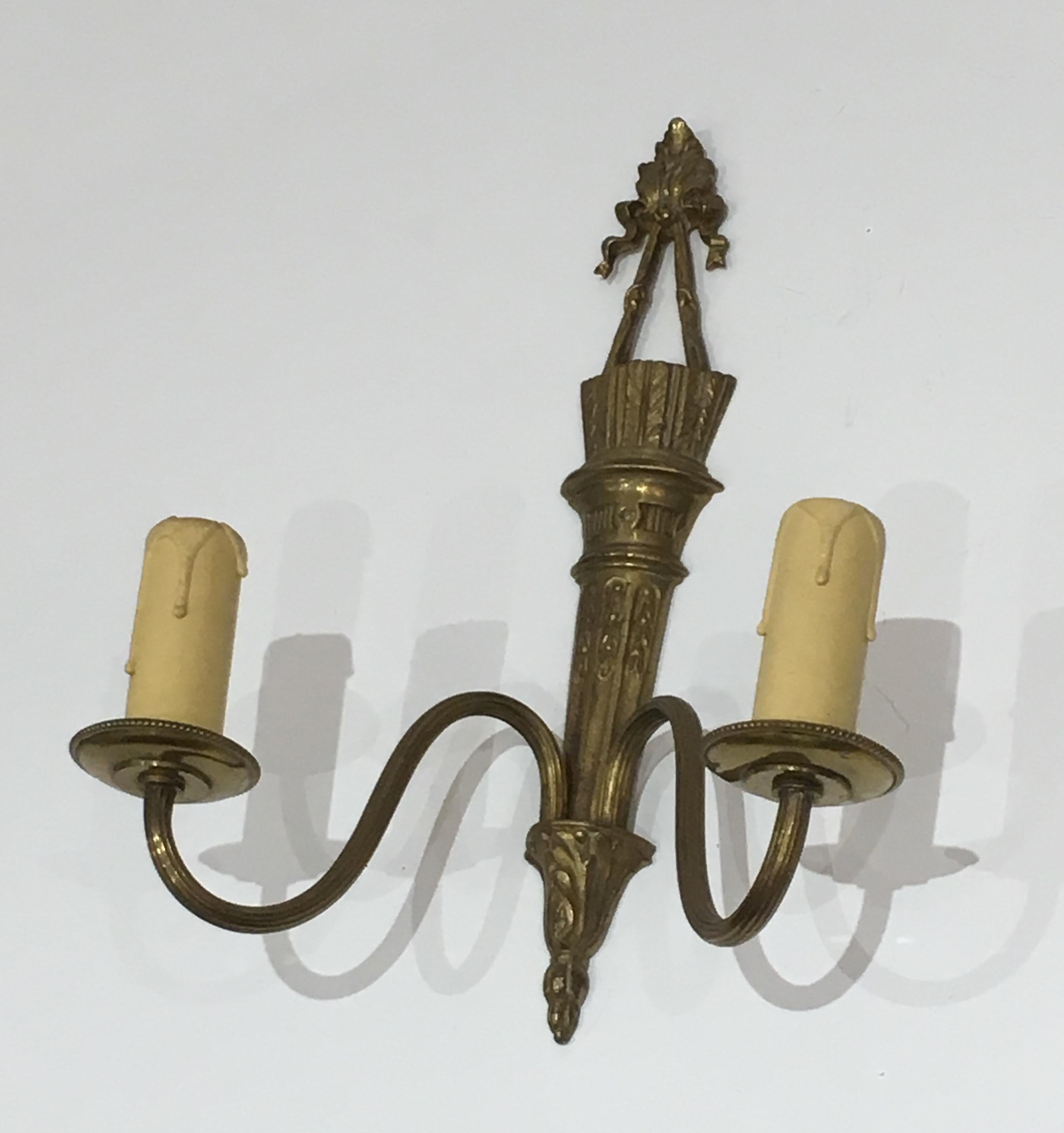Pair of Louis The 16th Style Bronze Wall Sconces with Quiver and Ribbons For Sale 1