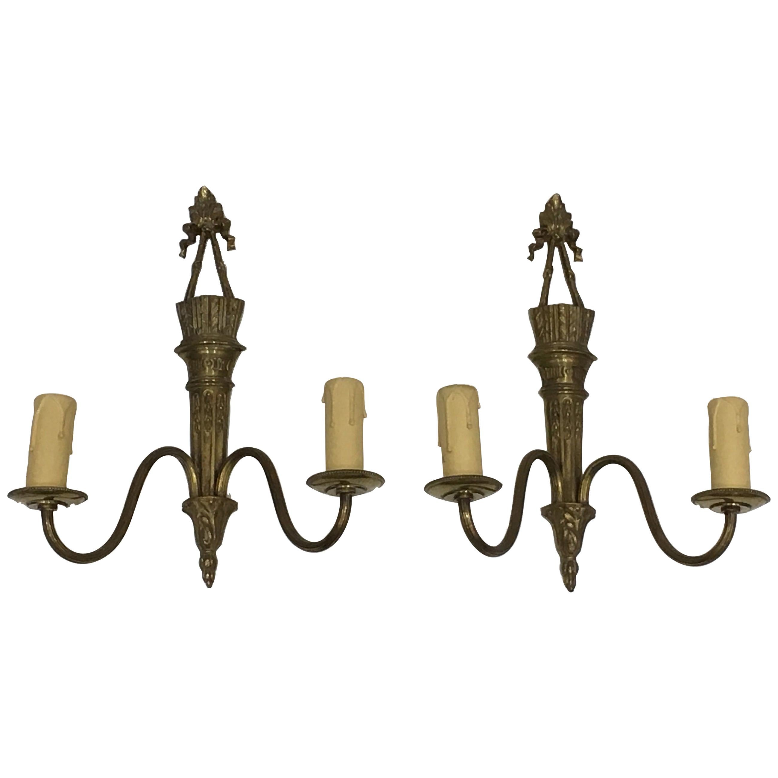 Pair of Louis The 16th Style Bronze Wall Sconces with Quiver and Ribbons For Sale
