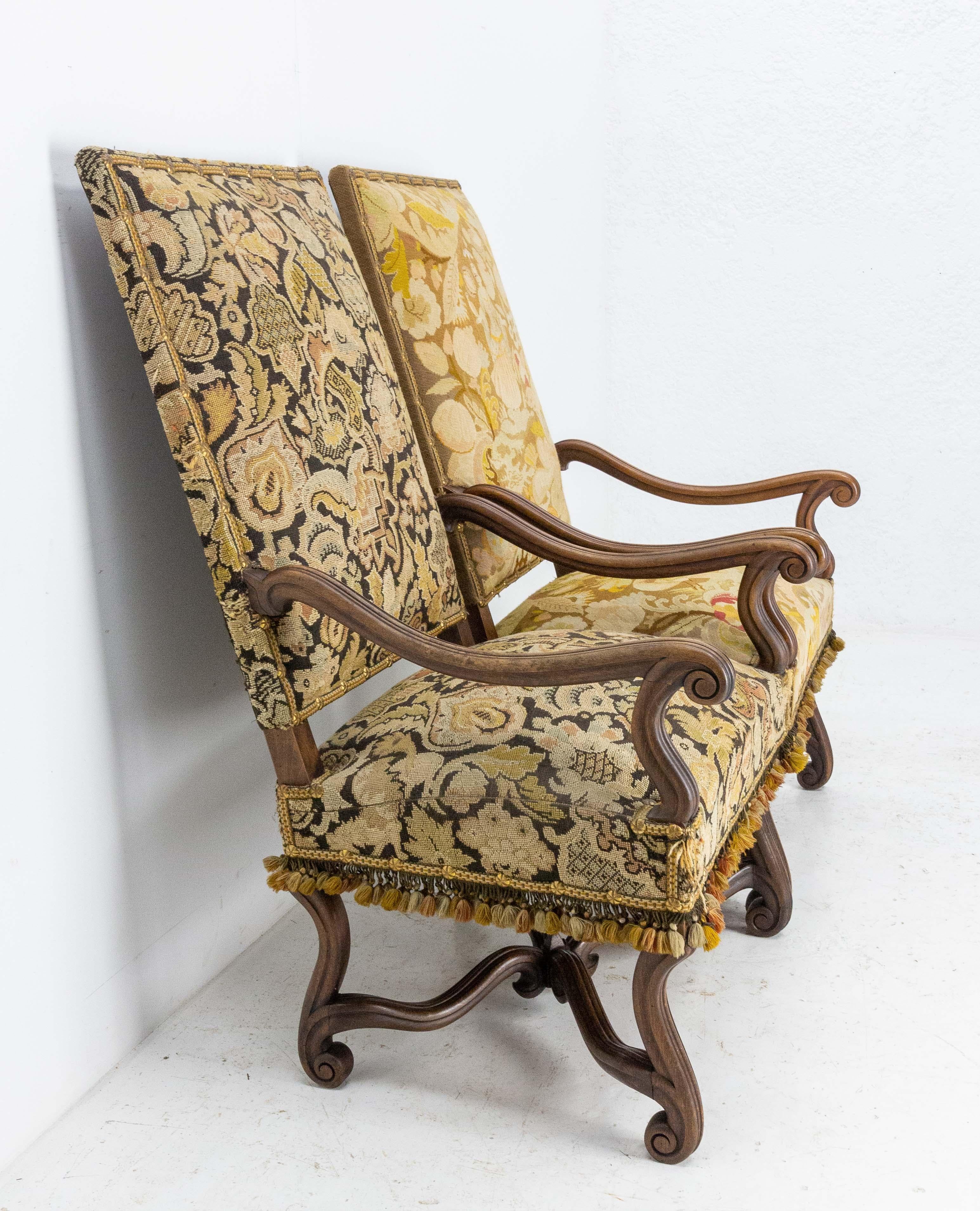 Pair of Louis XIII Revival Open Armchairs French, Late 19th Century to Recover In Good Condition For Sale In Labrit, Landes