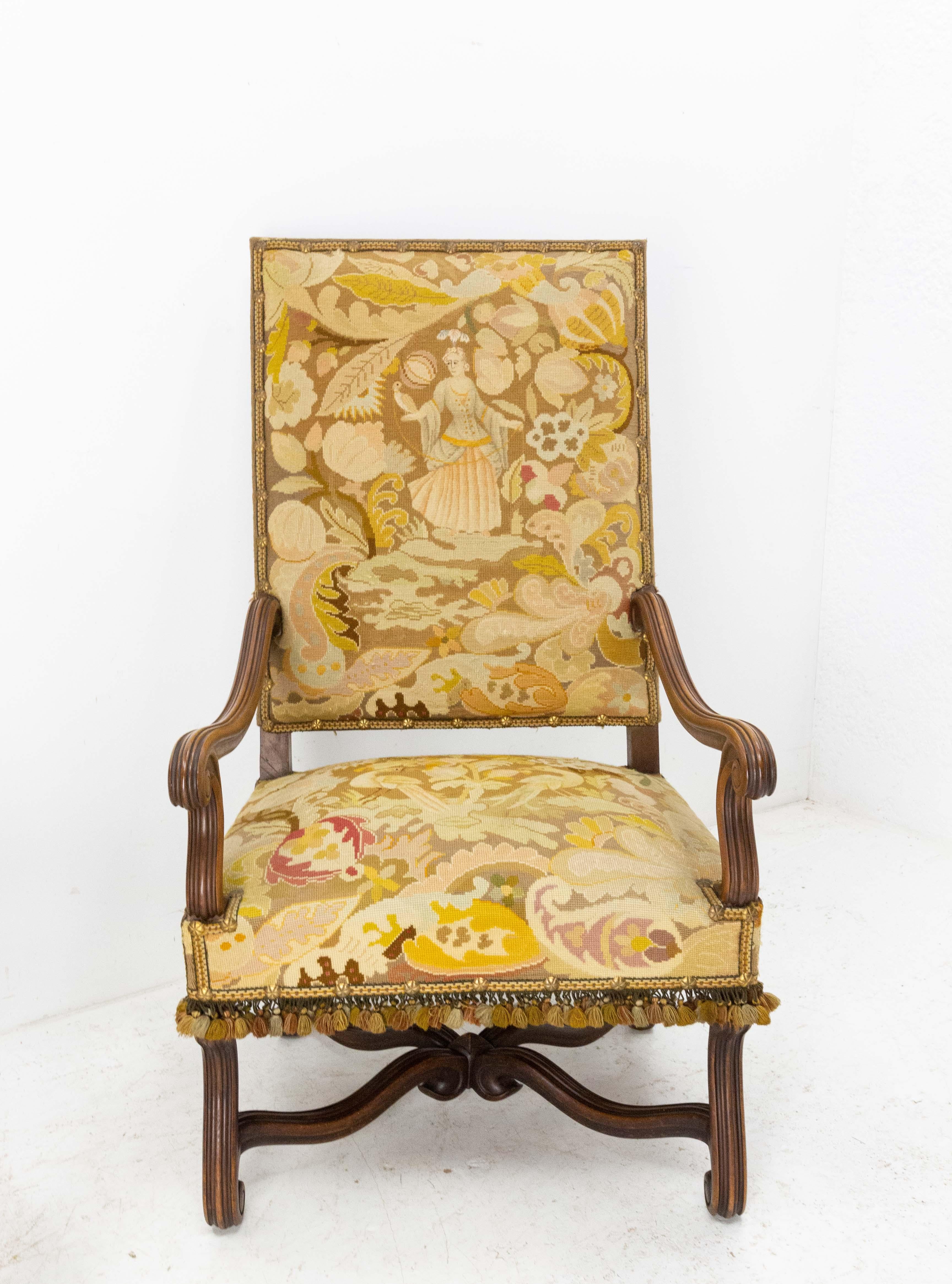 Tissu Paire de fauteuils ouverts de style néo- Louis XIII français, fin du 19ème siècle à recouvrir en vente