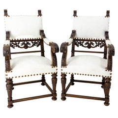 Antique Pair of Louis XIII Revival Open Walnut Armchairs French, 19th Century to Recover