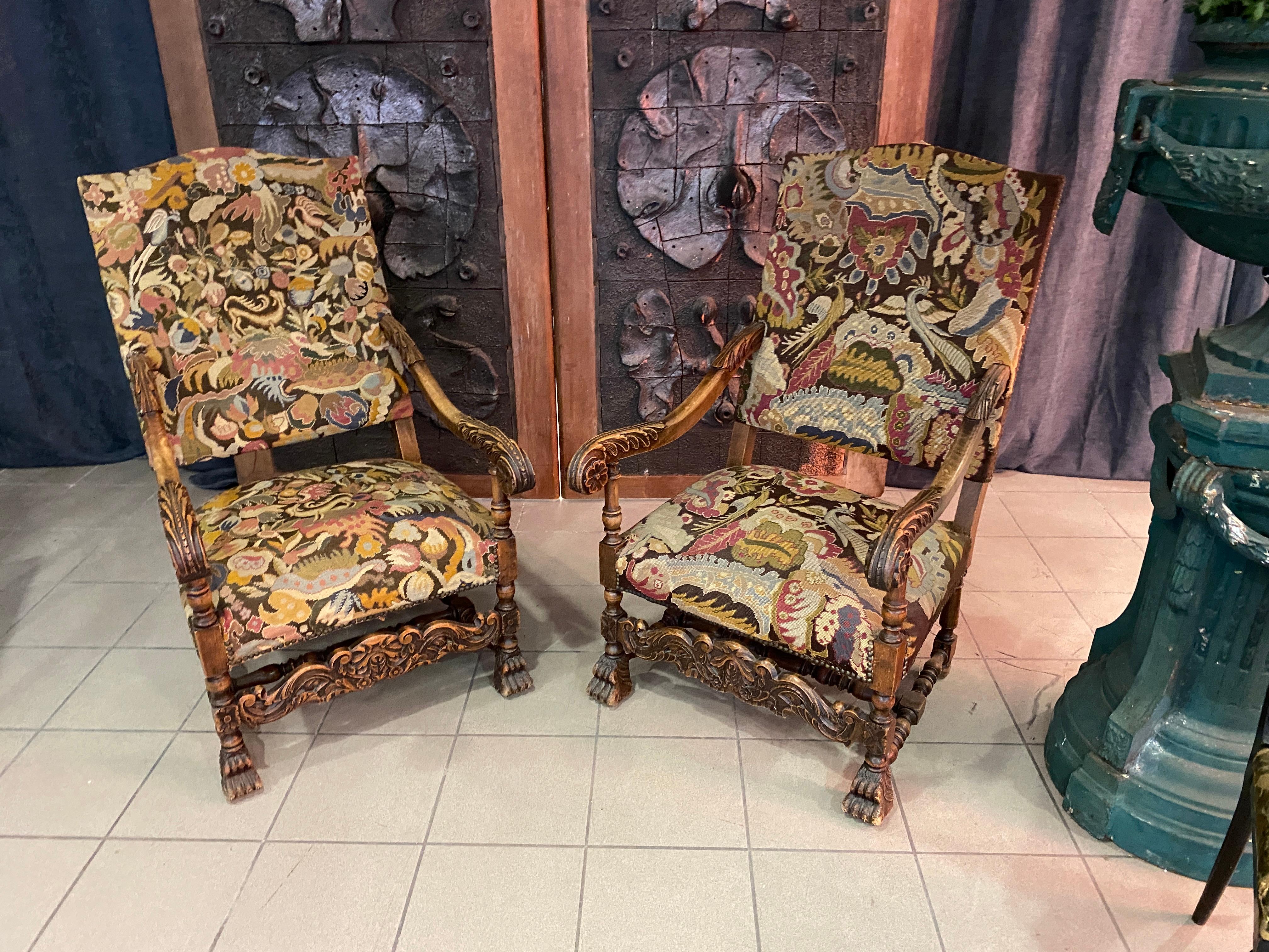 French two Louis XIII Style Armchairs, circa 1900 For Sale