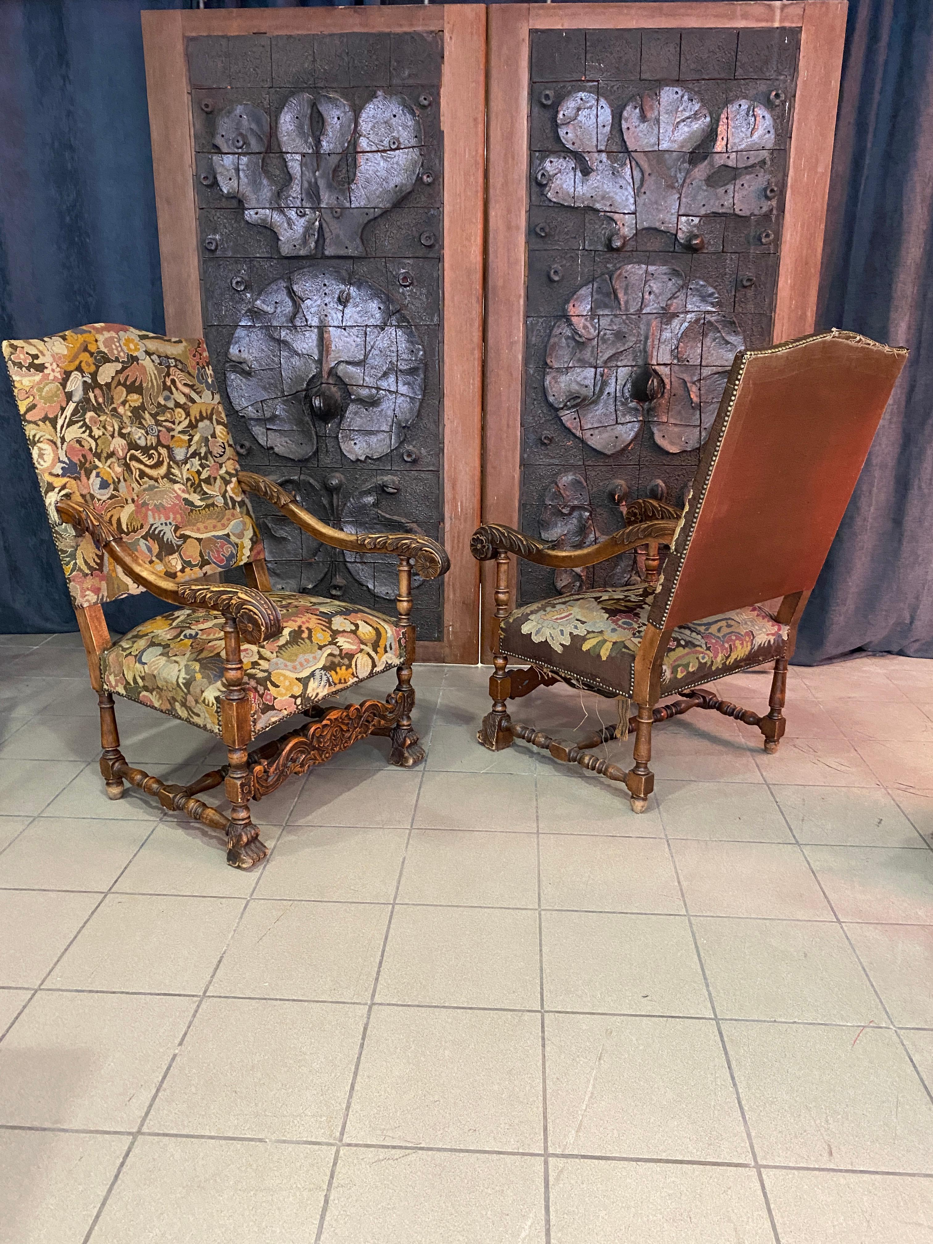 two Louis XIII Style Armchairs, circa 1900 For Sale 1