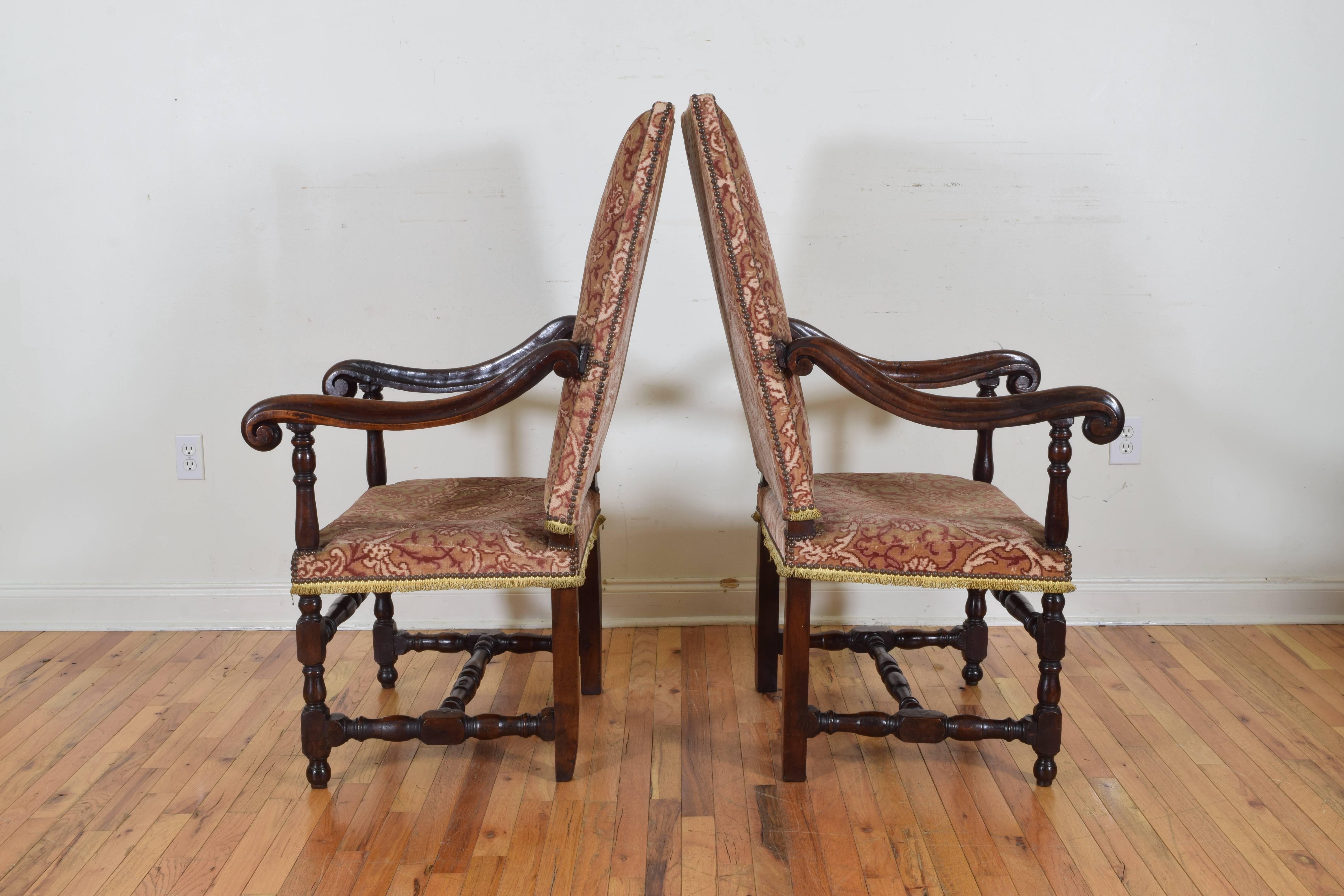 18th Century Italian Louis XIII Period Pair of Walnut and Upholstered Armchairs, Early 18th C
