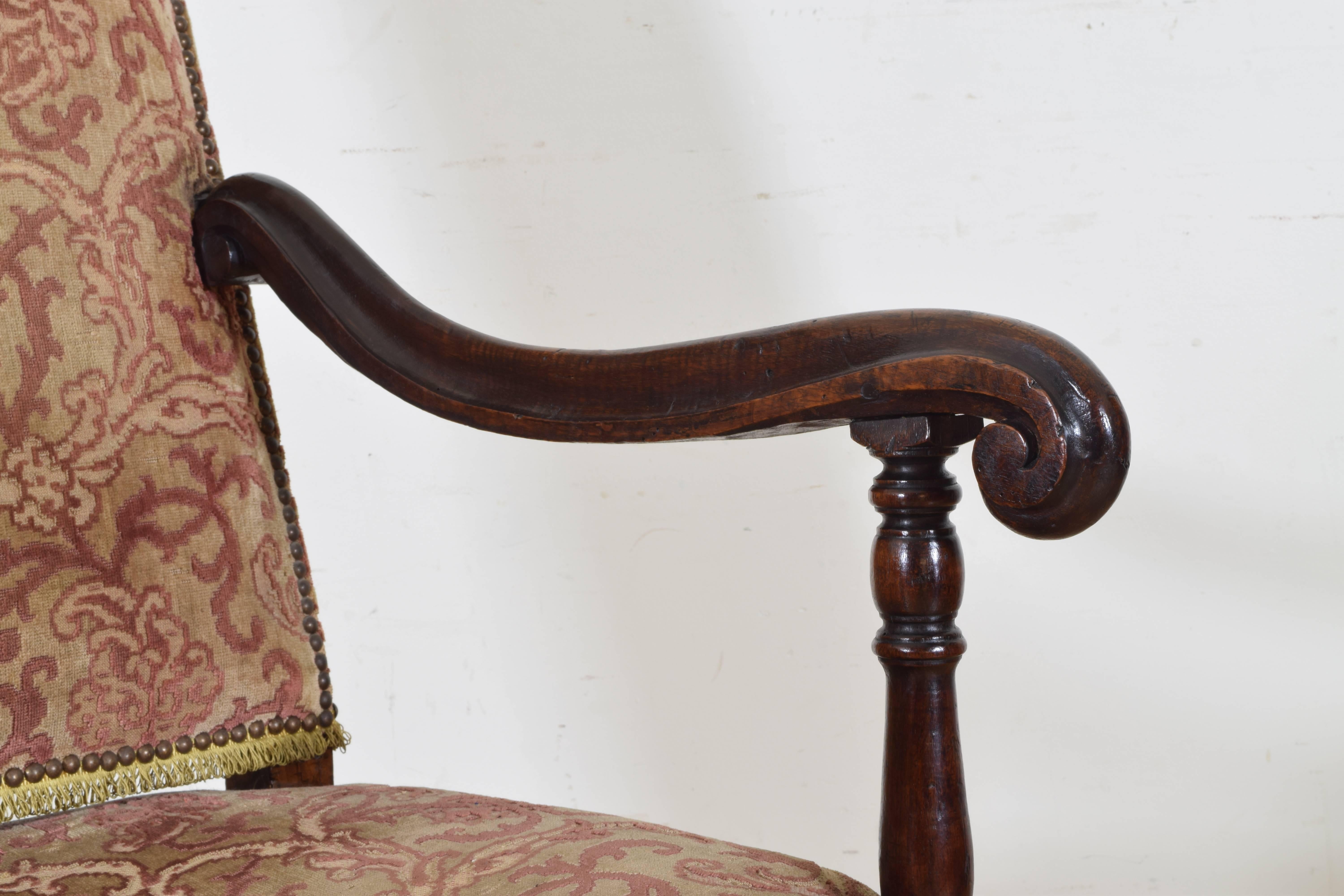 Italian Louis XIII Period Pair of Walnut and Upholstered Armchairs, Early 18th C 3