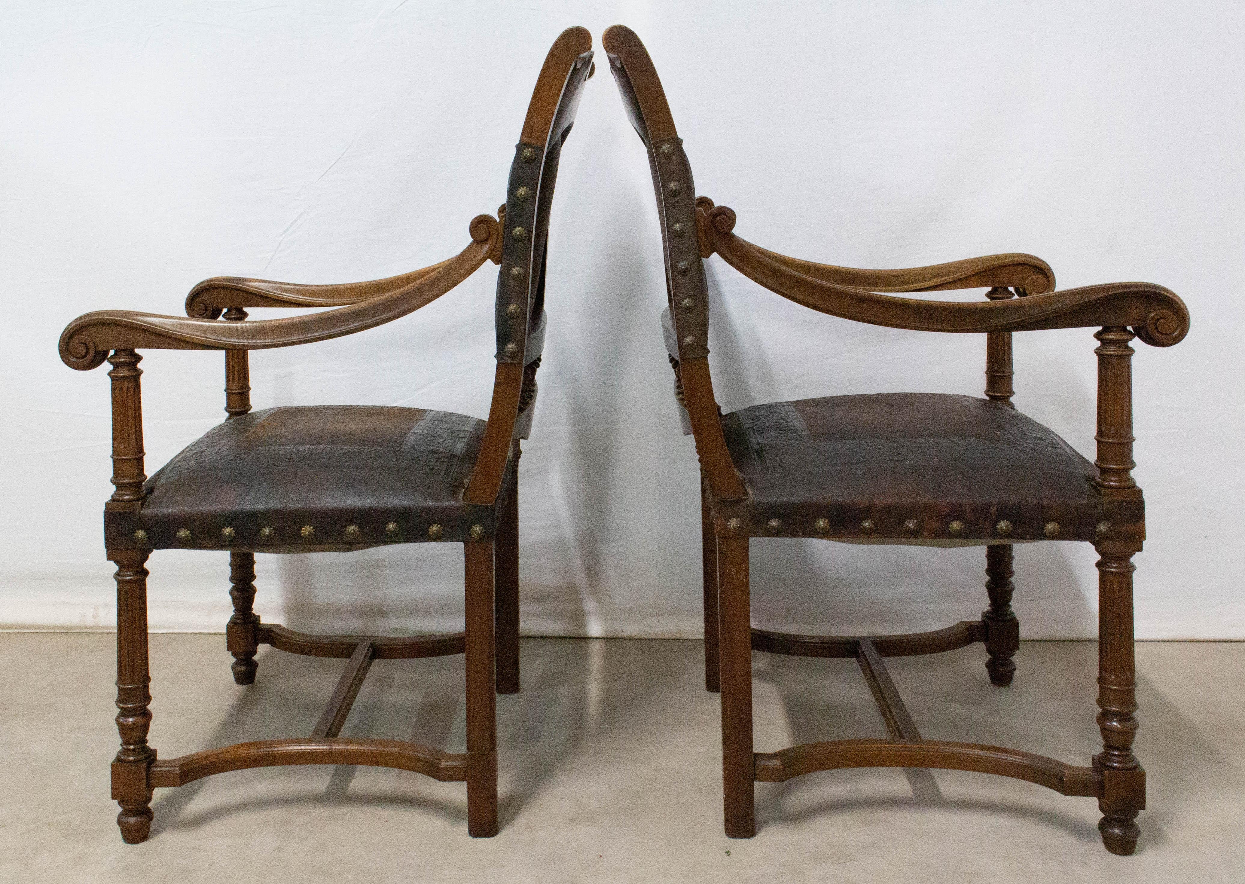 French Pair of Louis XIII Style Armchairs, Late 19th Century