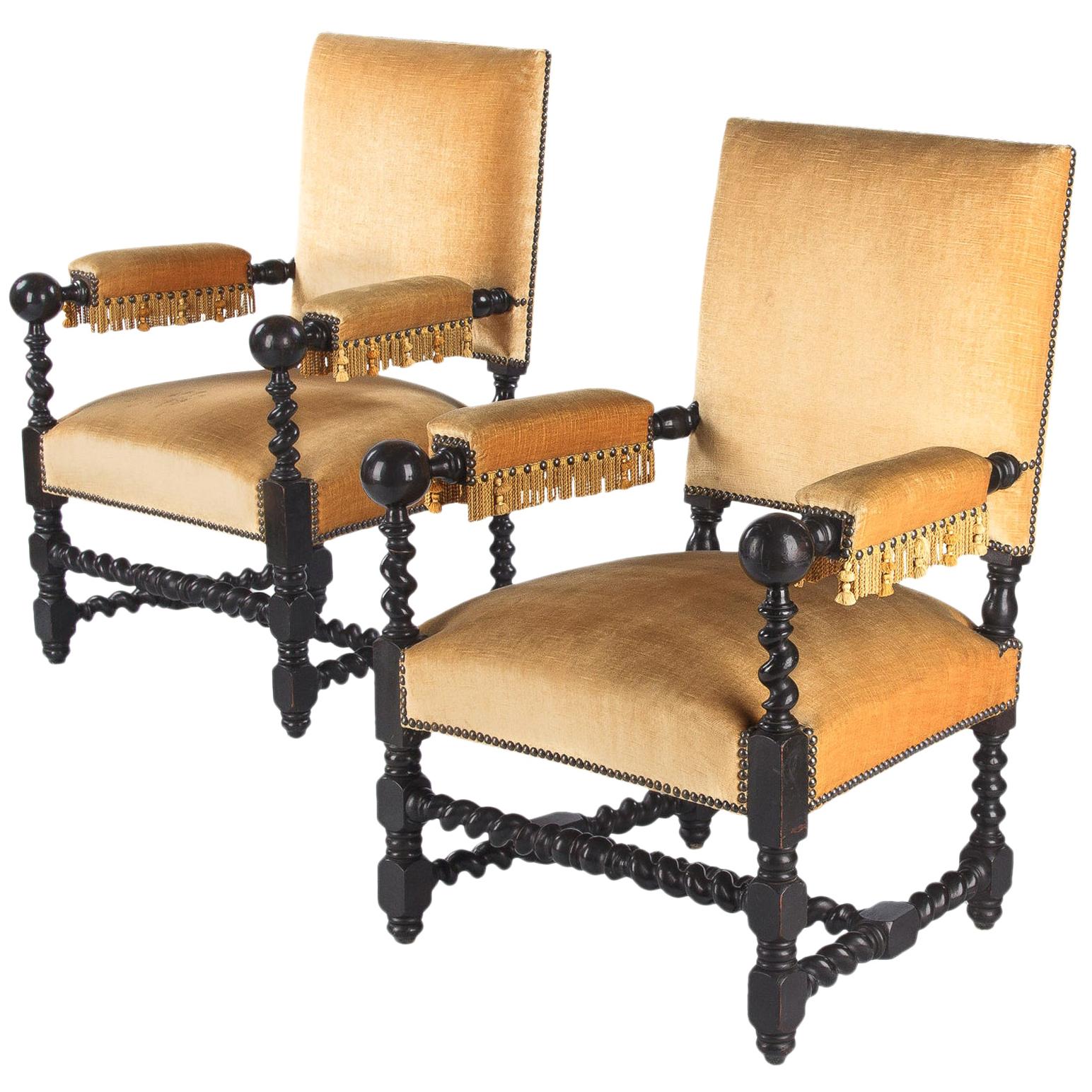 Pair of Louis XIII Style Ebonized Wood and Upholstered Armchairs, 1870s