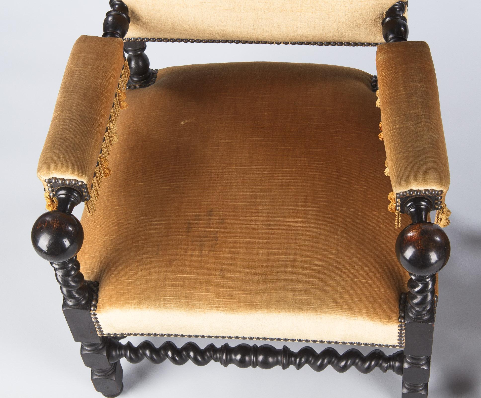 Pair of Louis XIII Style Ebonized Wood and Upholstered Armchairs, 1870s 7