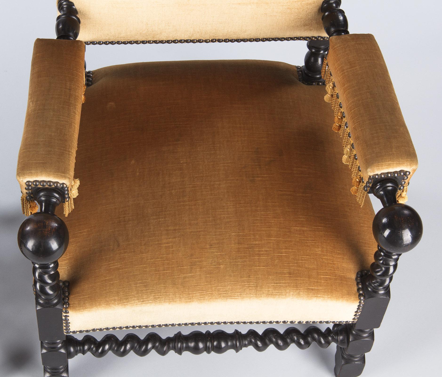 Pair of Louis XIII Style Ebonized Wood and Upholstered Armchairs, 1870s 8