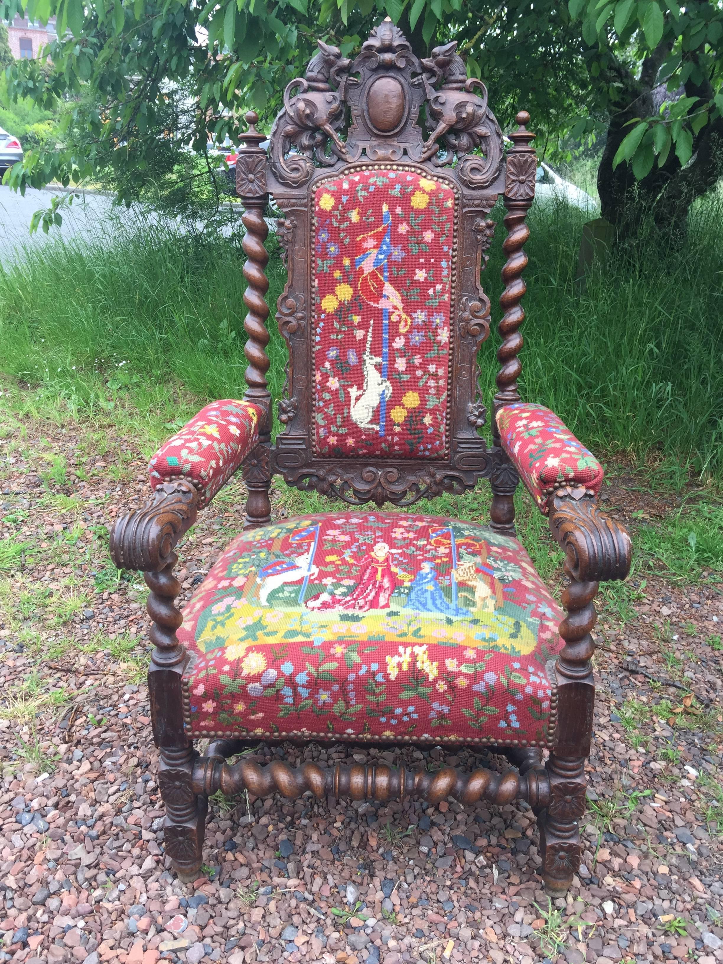 two Louis XIII style oak armchairs, circa 1900
Different tapestry on each armchair.