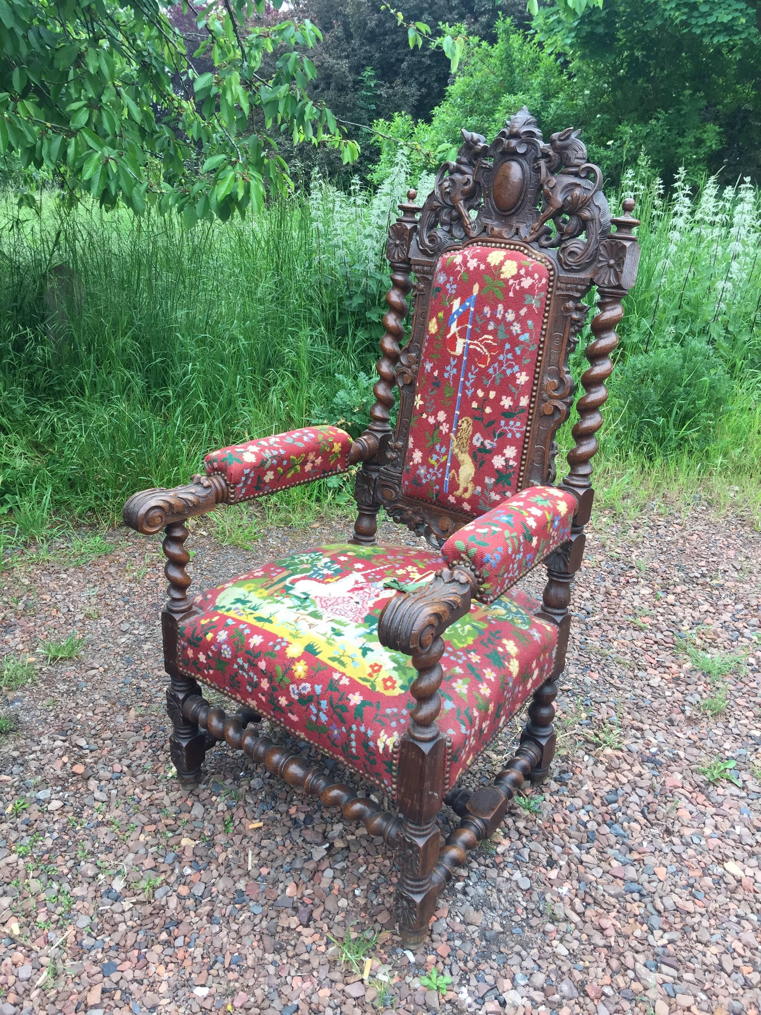 two Louis XIII Style Oak Armchairs, circa 1900 In Good Condition For Sale In Saint-Ouen, FR
