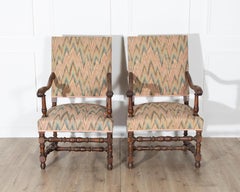 Pair of Louis XIII Style Oak Armchairs with Upholstered Backs and Seats