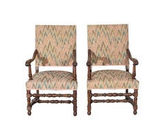 Pair of Louis XIII Style Oak Armchairs with Upholstered Backs and Seats