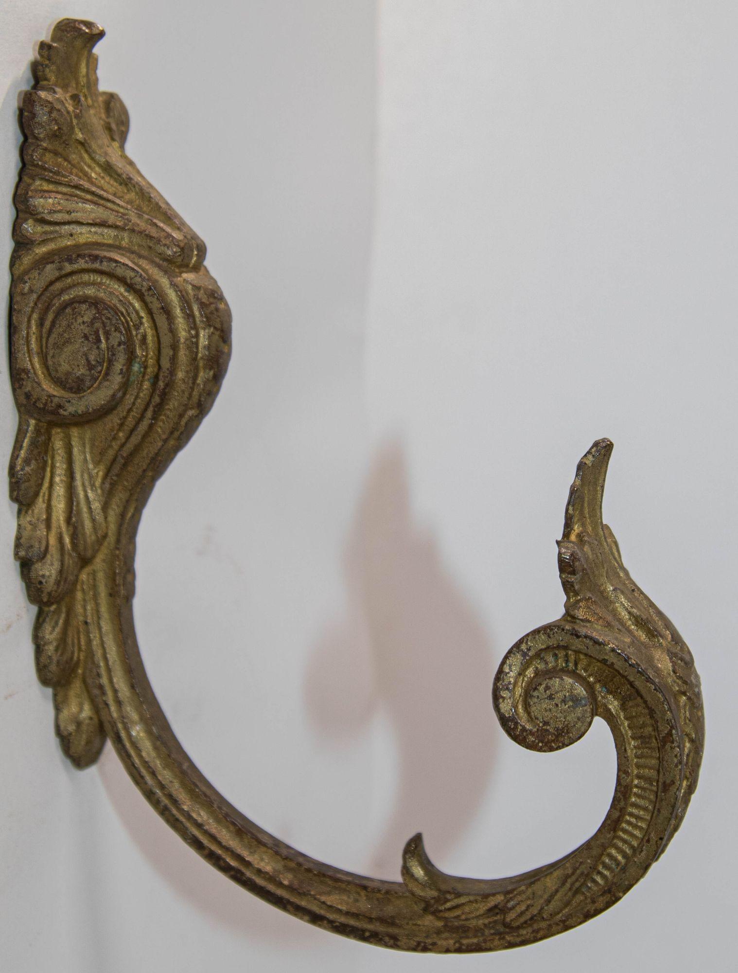 Brass Pair of Louis XIV Baroque Style Gilt Bronze Curtain Hooks or Tie Backs Set of 2 For Sale