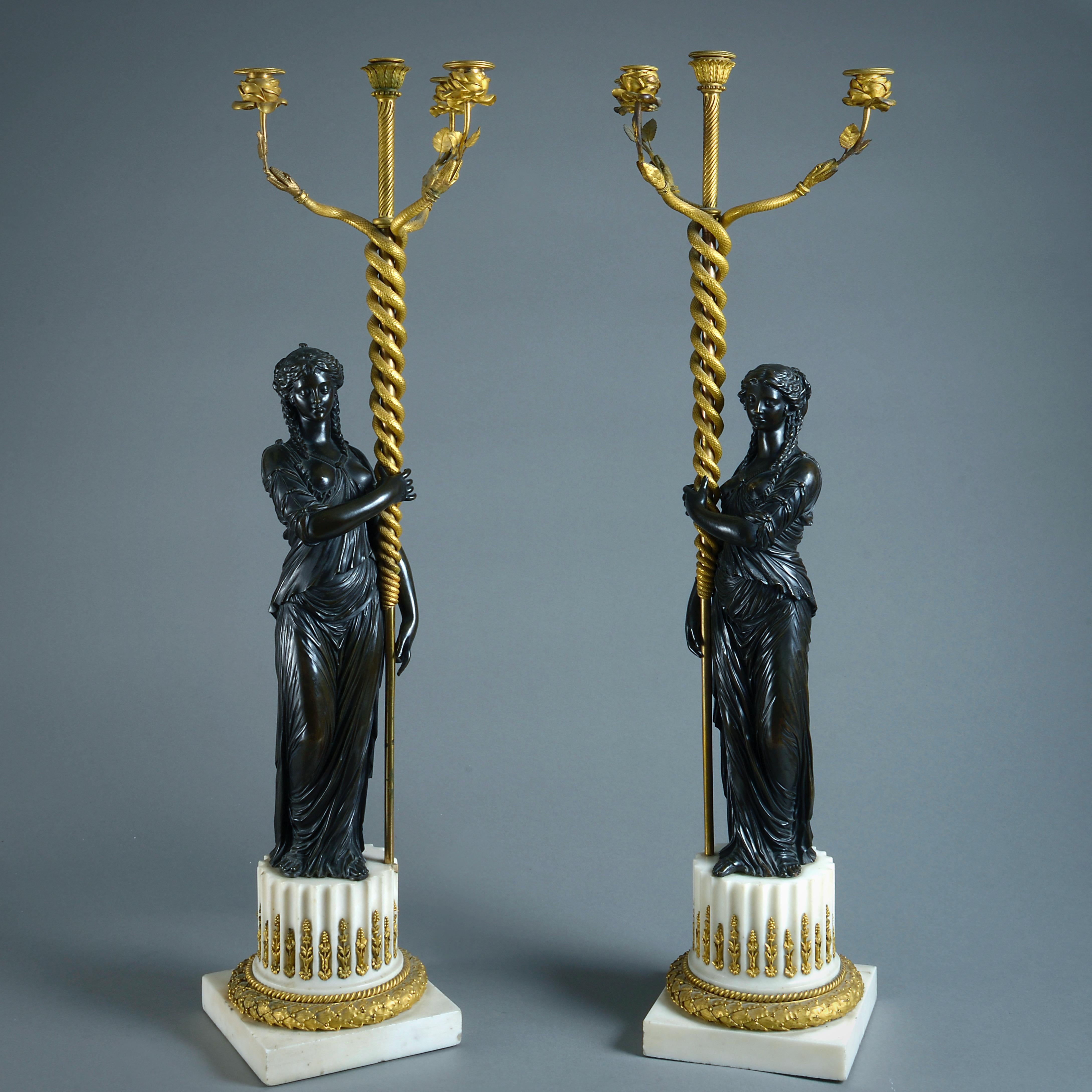 Pair of Louis XVI Bronze, Ormolu and Statuary Marble Candelabra For Sale 5