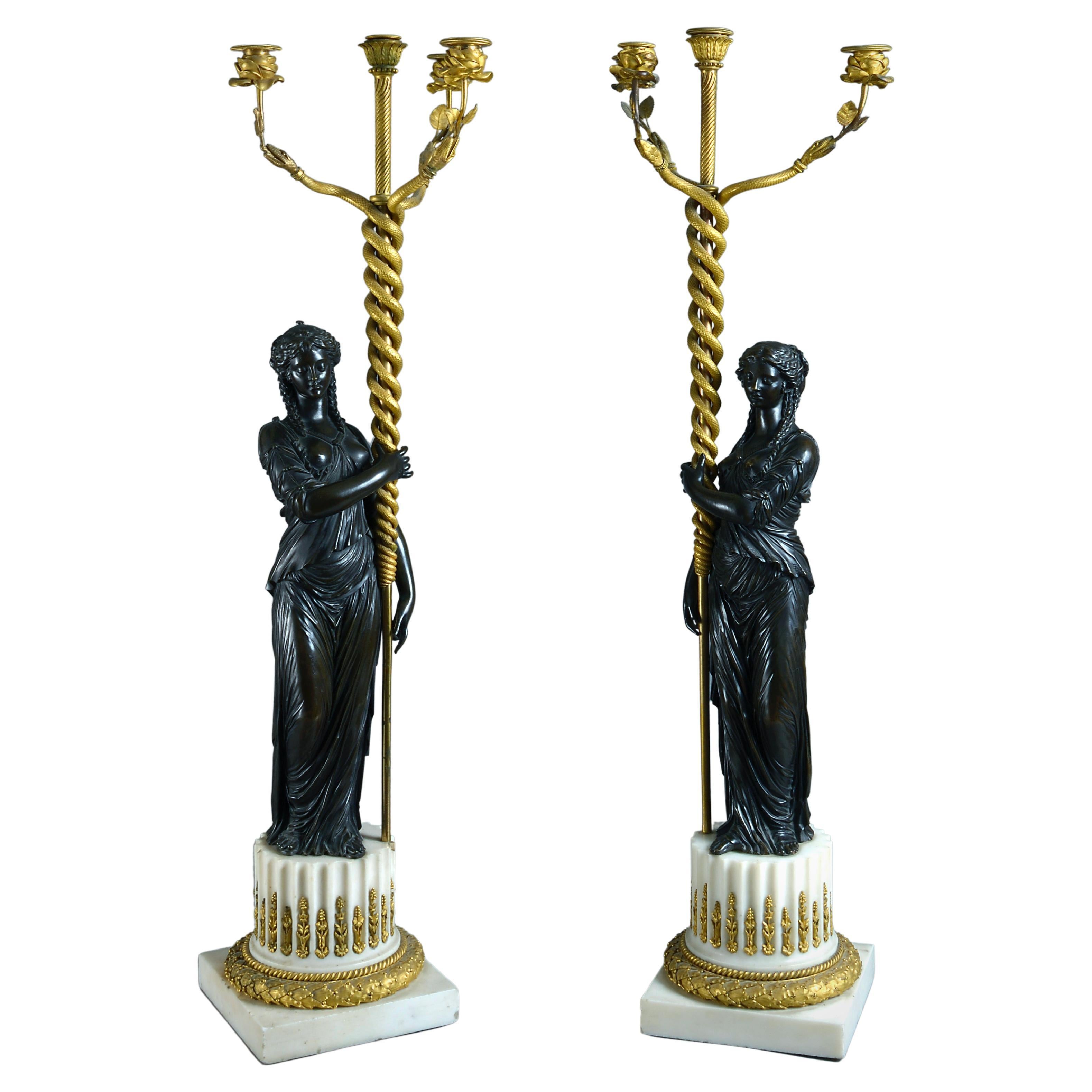 COPPIA DI CANDELABRI IN BRONZO, ORMOLU E MARMO STATUARIO DI LUIGI XVI, 1780 CIRCA.

Ognuno di essi è dotato di portacandele con boccioli di rosa e foglie rigide, circondati da serpenti intrecciati intorno a un bastone sorretto da vestali finemente