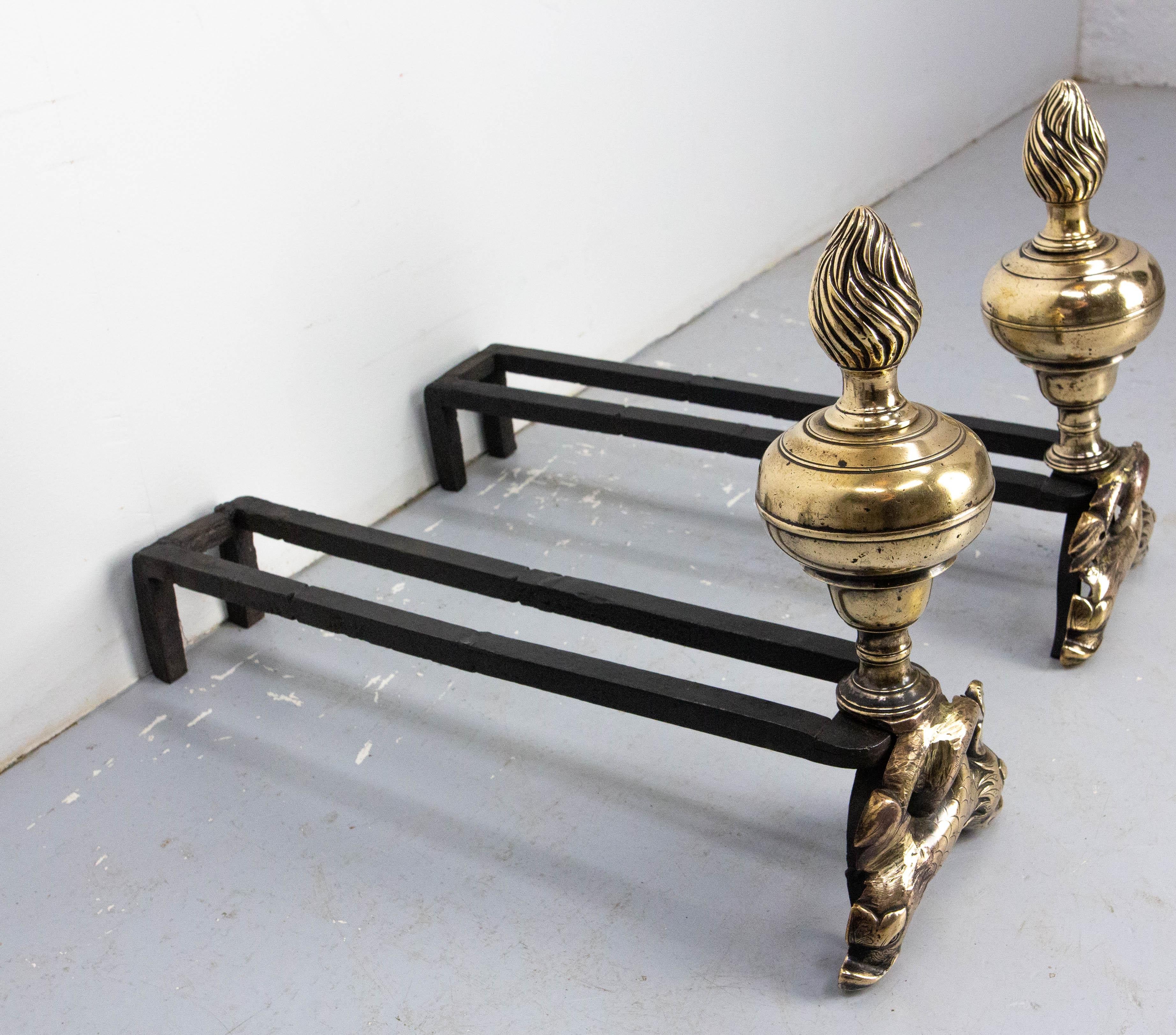 Pair of Louis XIV Bronze & Wrought Iron Dolphin Andirons, France, Late 17th C Luis XIV en venta
