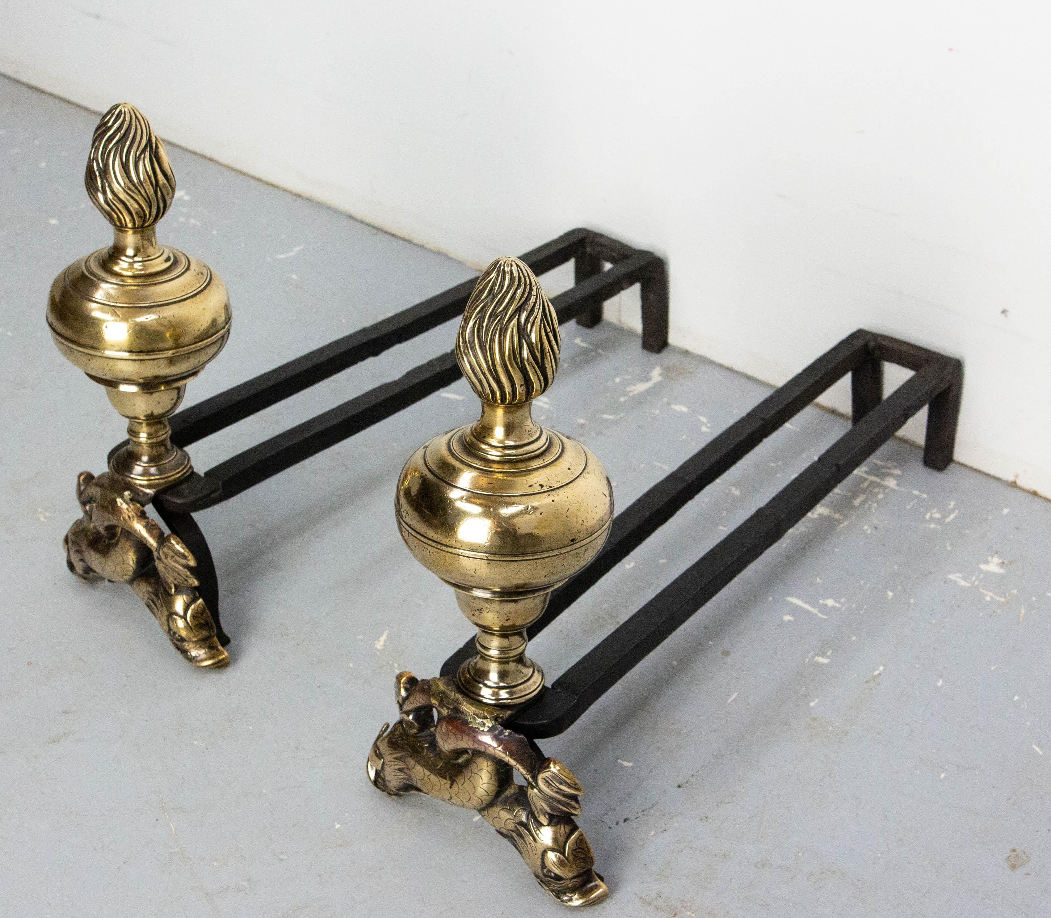 Pair of Louis XIV Bronze & Wrought Iron Dolphin Andirons, France, Late 17th C Europeo en venta