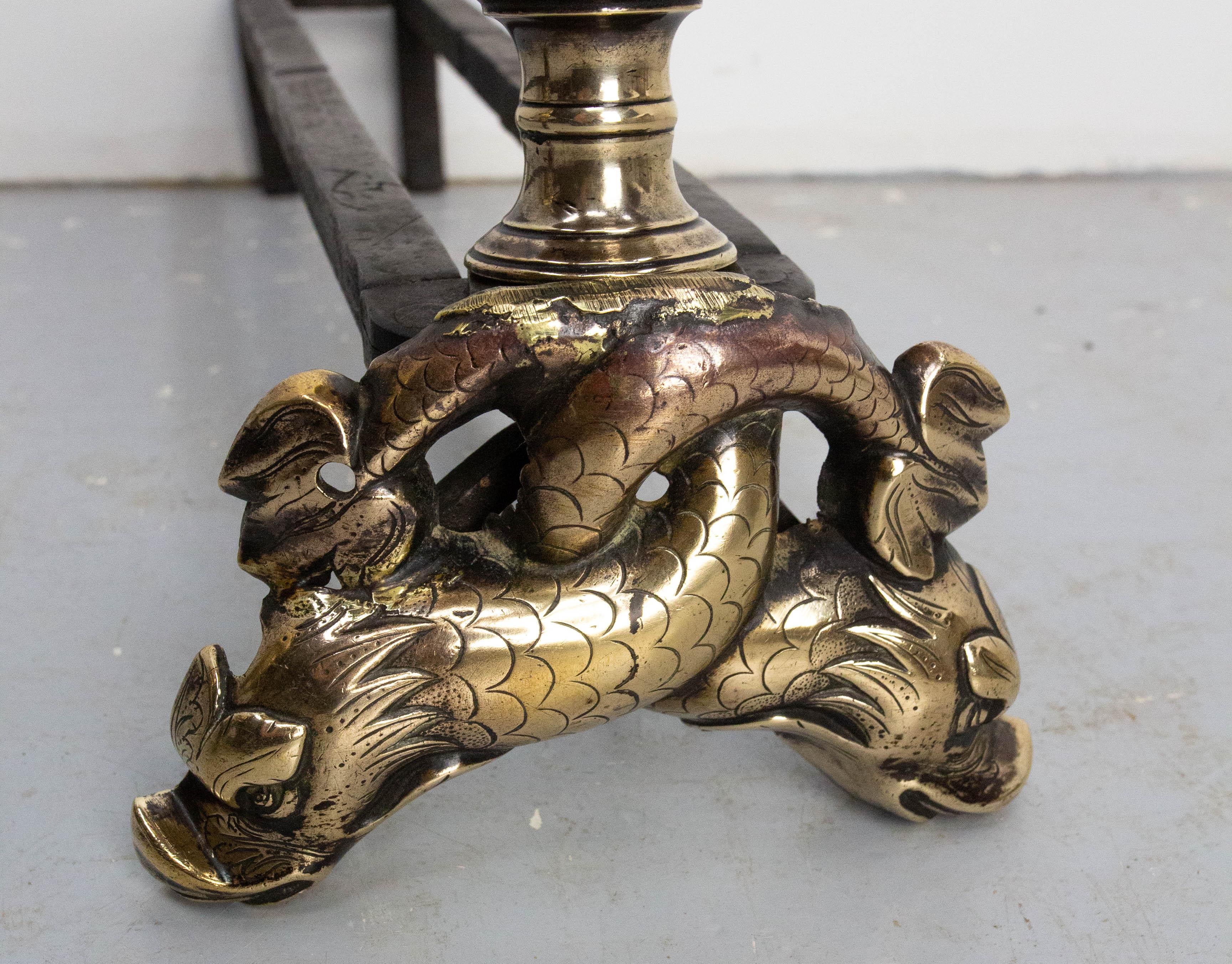 Pair of Louis XIV Bronze & Wrought Iron Dolphin Andirons, France, Late 17th C Hierro forjado en venta