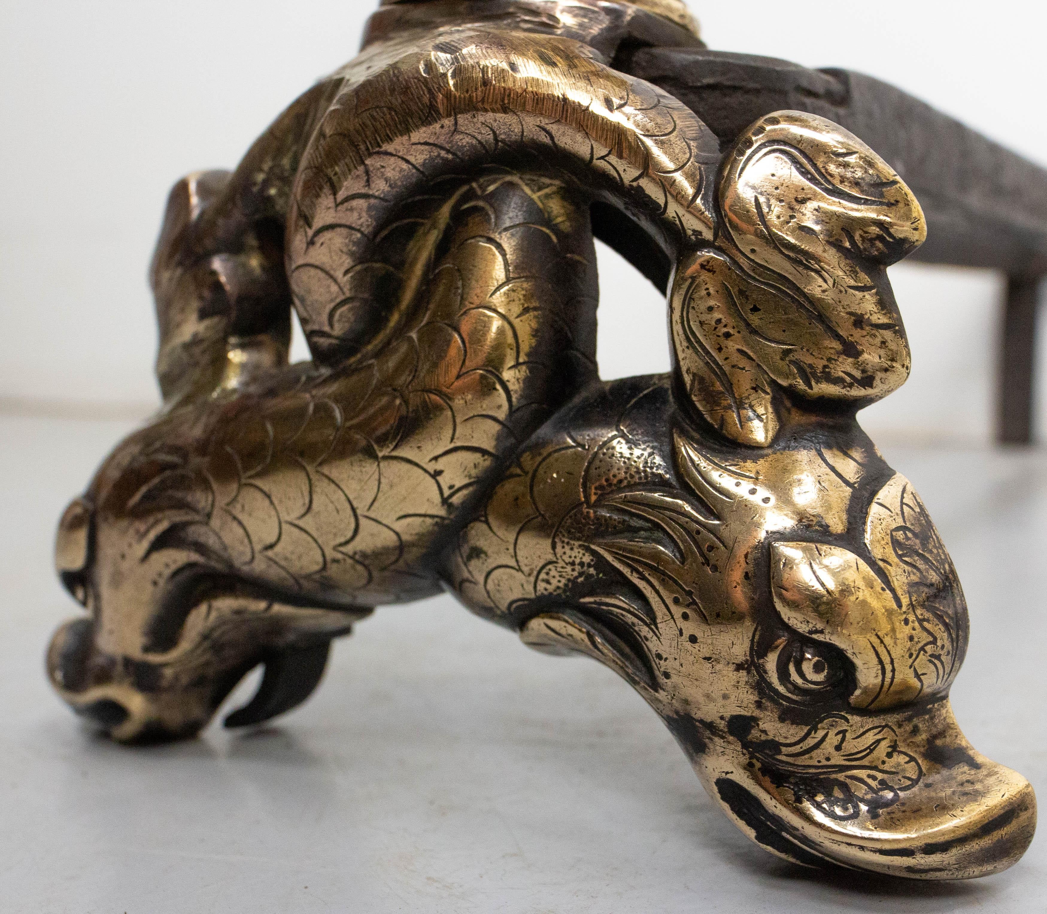 Pair of Louis XIV Bronze & Wrought Iron Dolphin Andirons, France, Late 17th C en venta 2