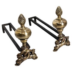 Pair of Louis XIV Bronze & Wrought Iron Dolphin Andirons, France, Late 17th C