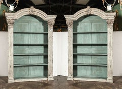 Pair of Louis XIV French Carved Painted Open Bookcases Made with Old Elements