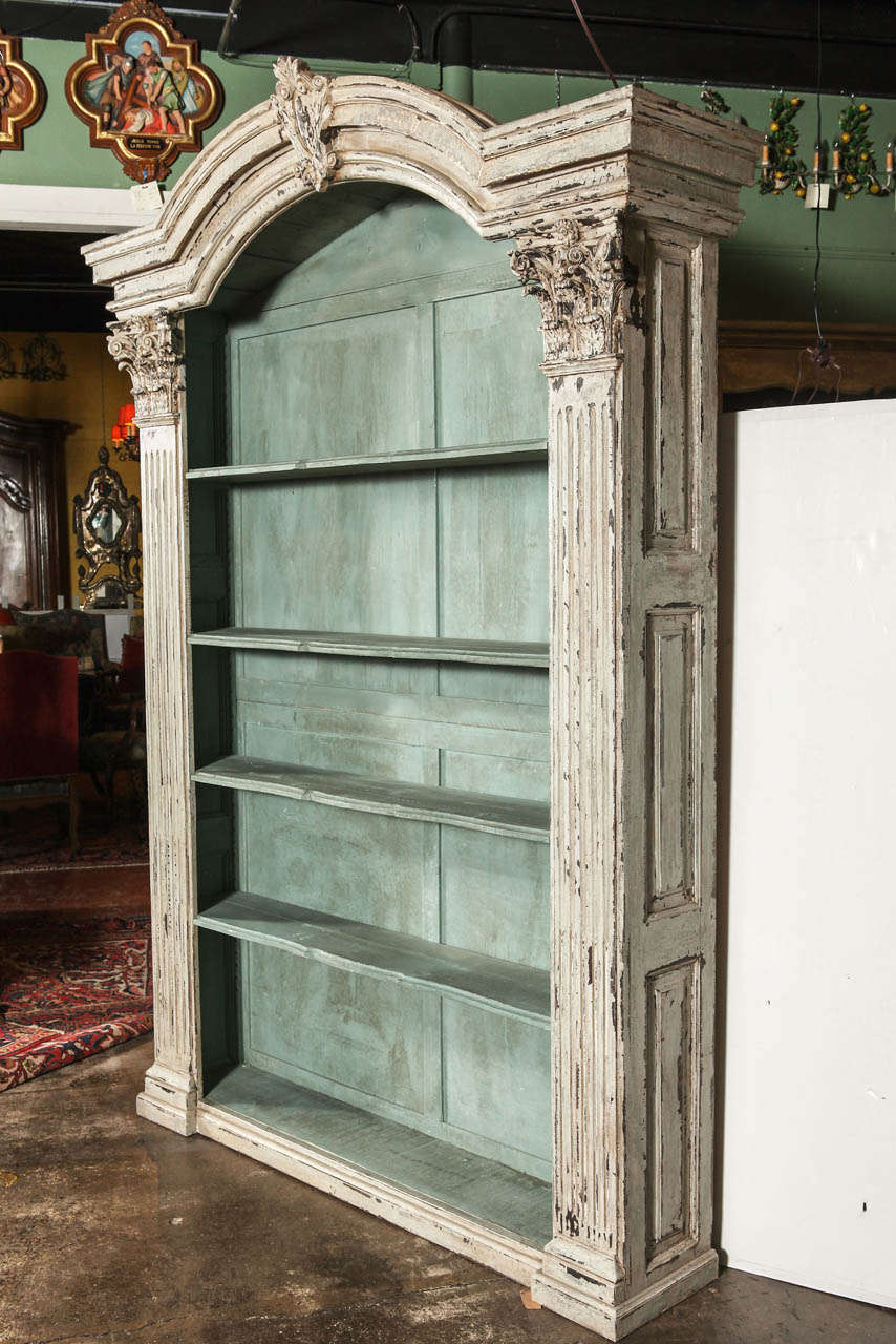 Contemporary Pair of Louis XIV French Carved Painted Open Bookcases Made with Old Elements