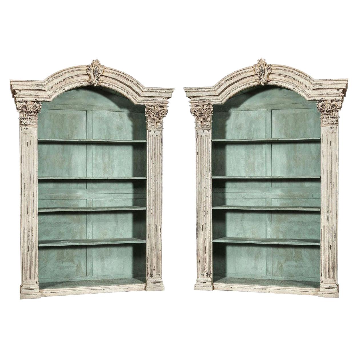 Pair of Louis XIV French Carved Painted Open Bookcases Made with Old Elements