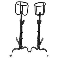 Pair of Louis XIV French Forged Iron Basket Top Andirons with Hearts, 1700s