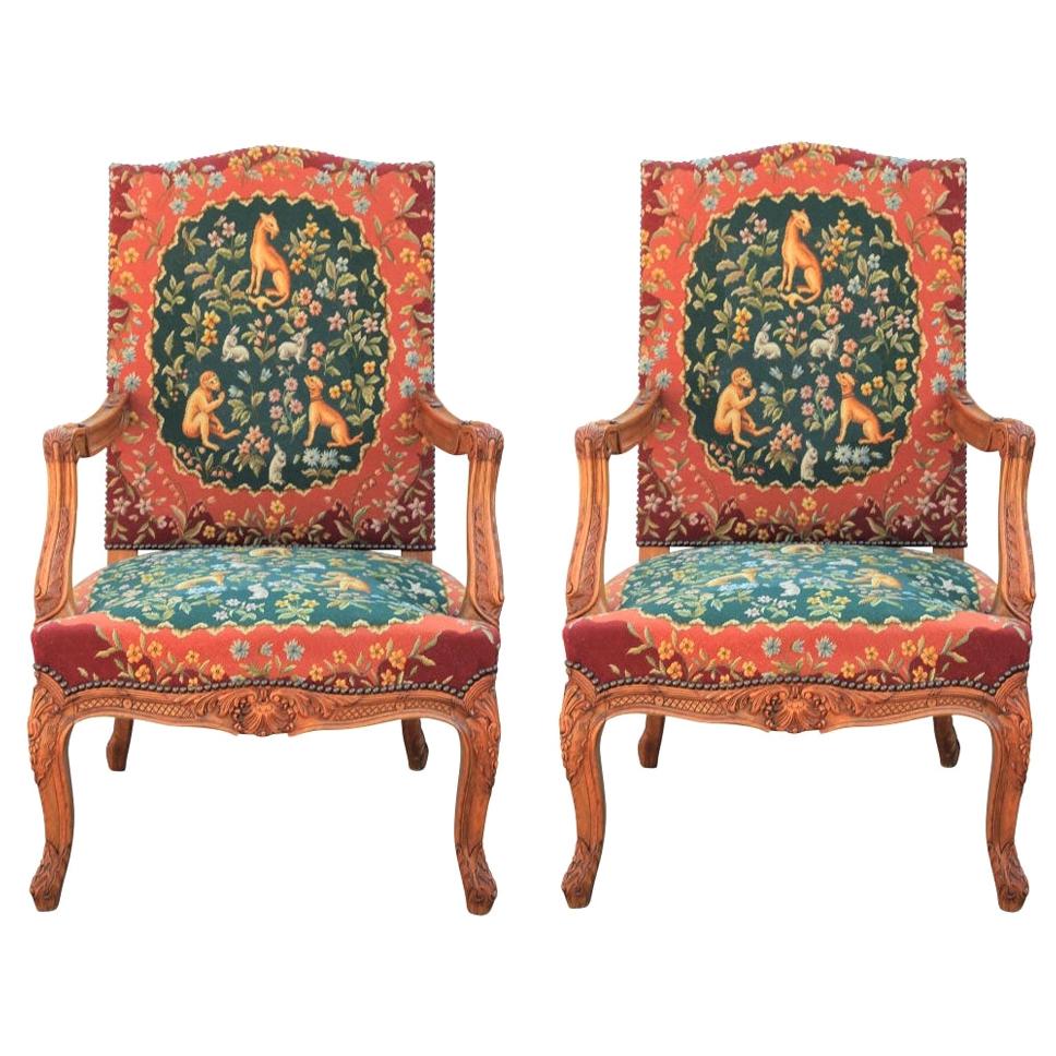 Pair of Louis XIV Needlepoint Upholstered Walnut French or Italian Armchairs
