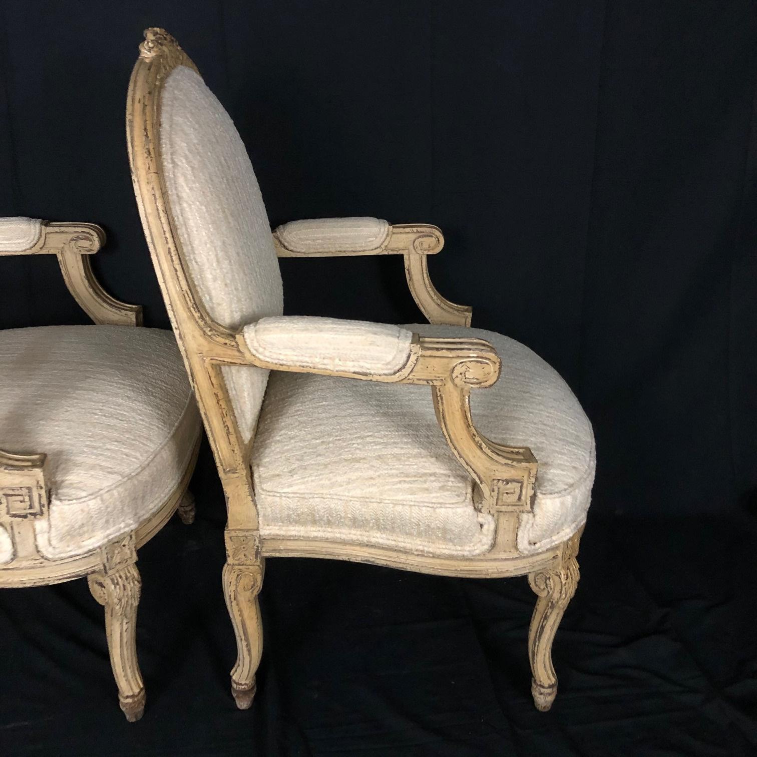 Pair of Louis XIV Neoclassical Style Cream Painted French Bergere Armchairs 6