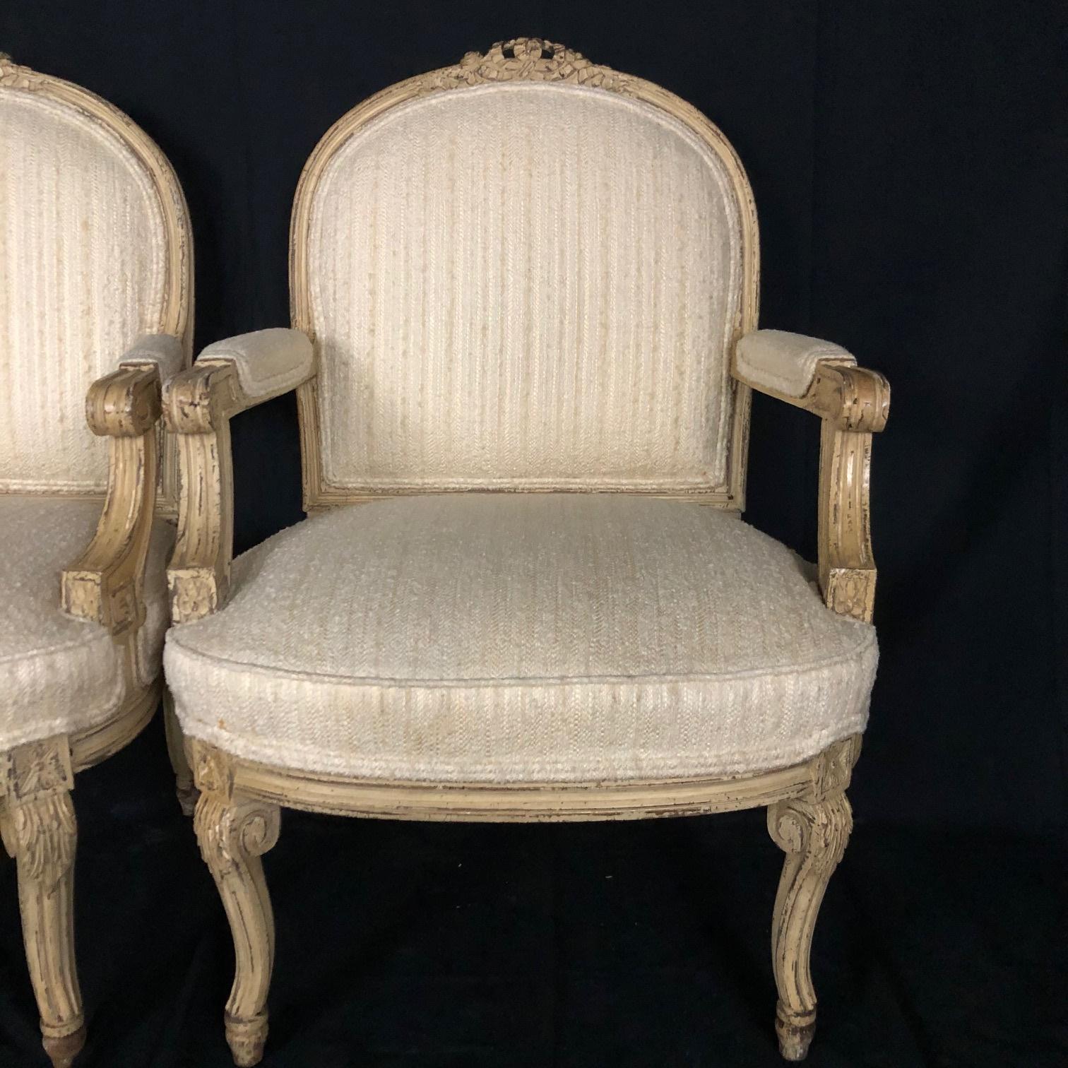 Pair of Louis XIV Neoclassical Style Cream Painted French Bergere Armchairs 10