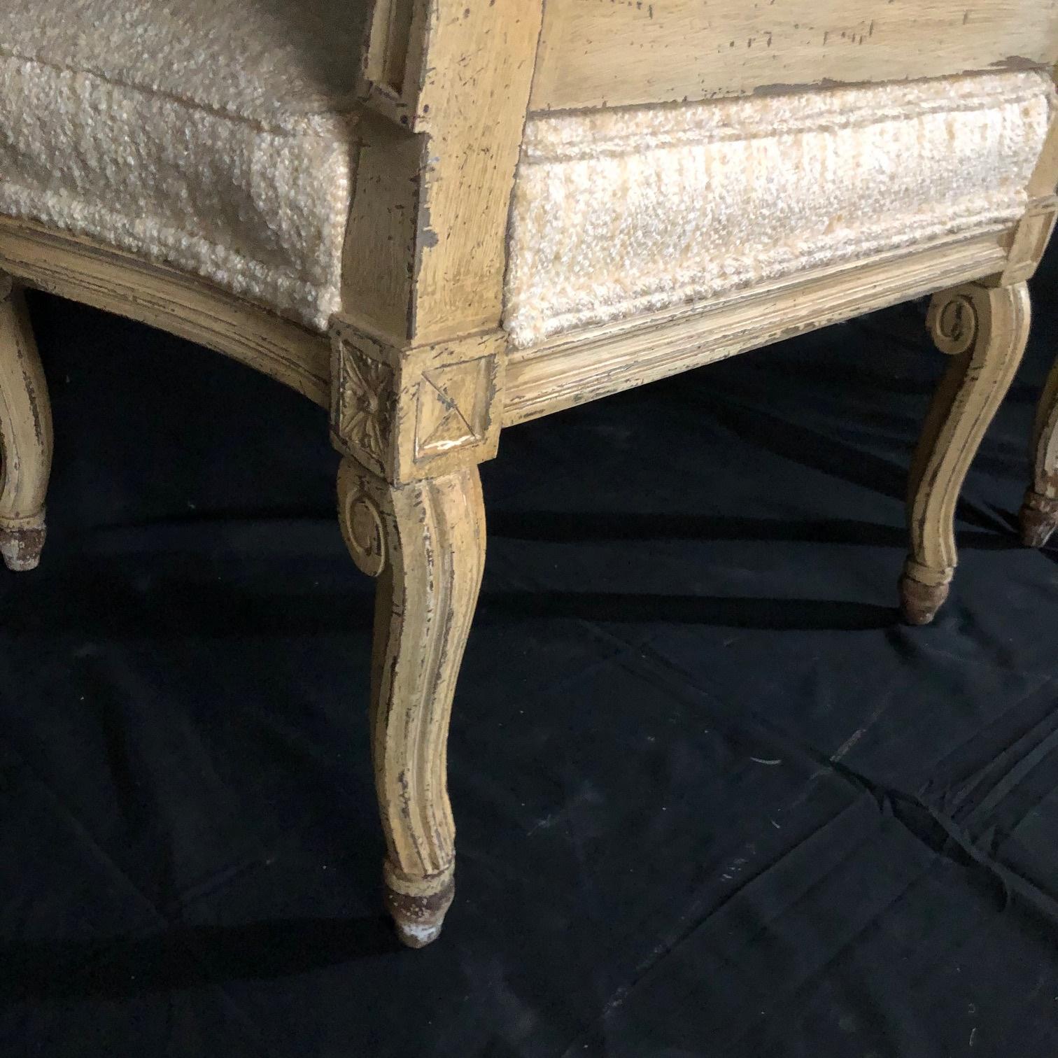 Upholstery Pair of Louis XIV Neoclassical Style Cream Painted French Bergere Armchairs
