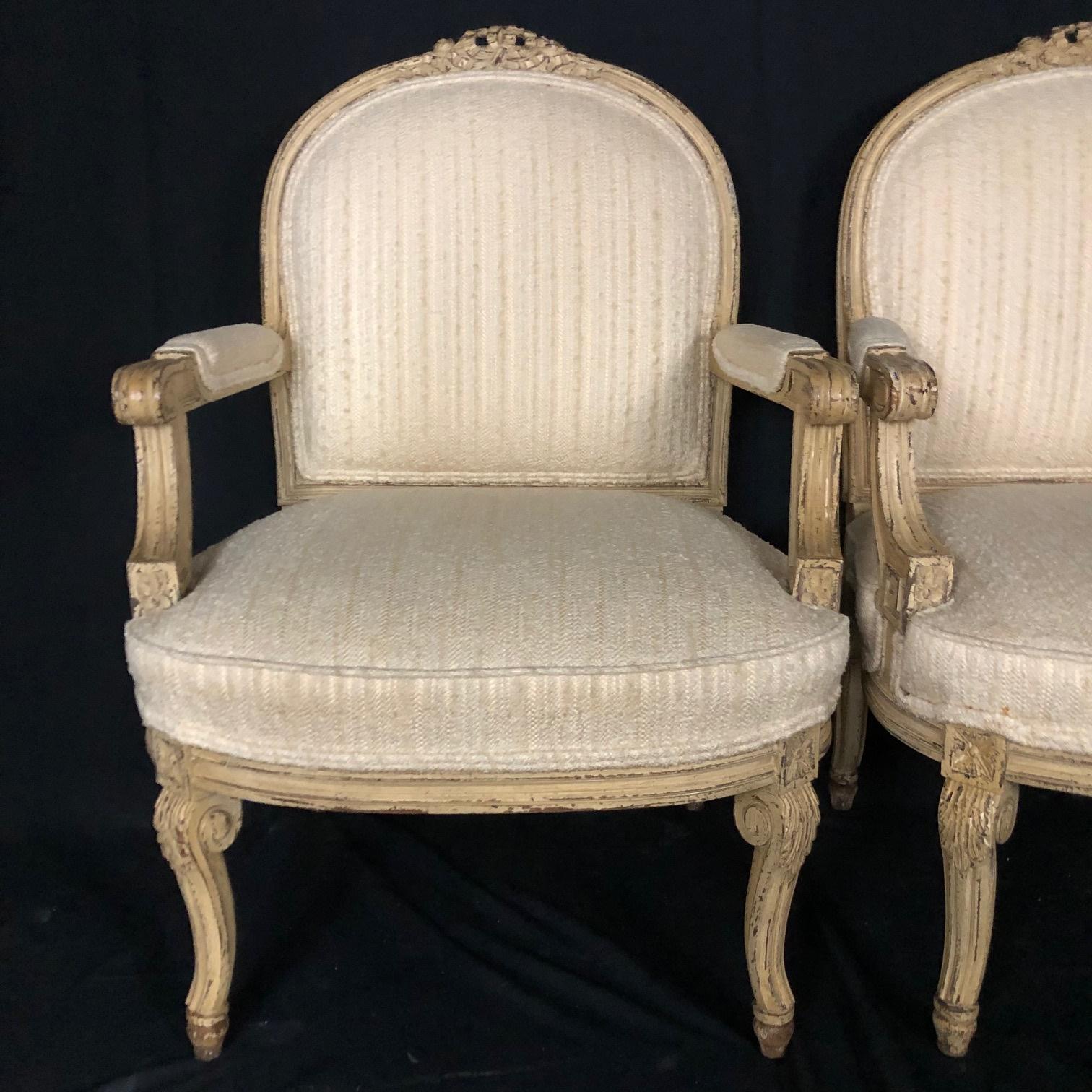 Pair of Louis XIV Neoclassical Style Cream Painted French Bergere Armchairs 1