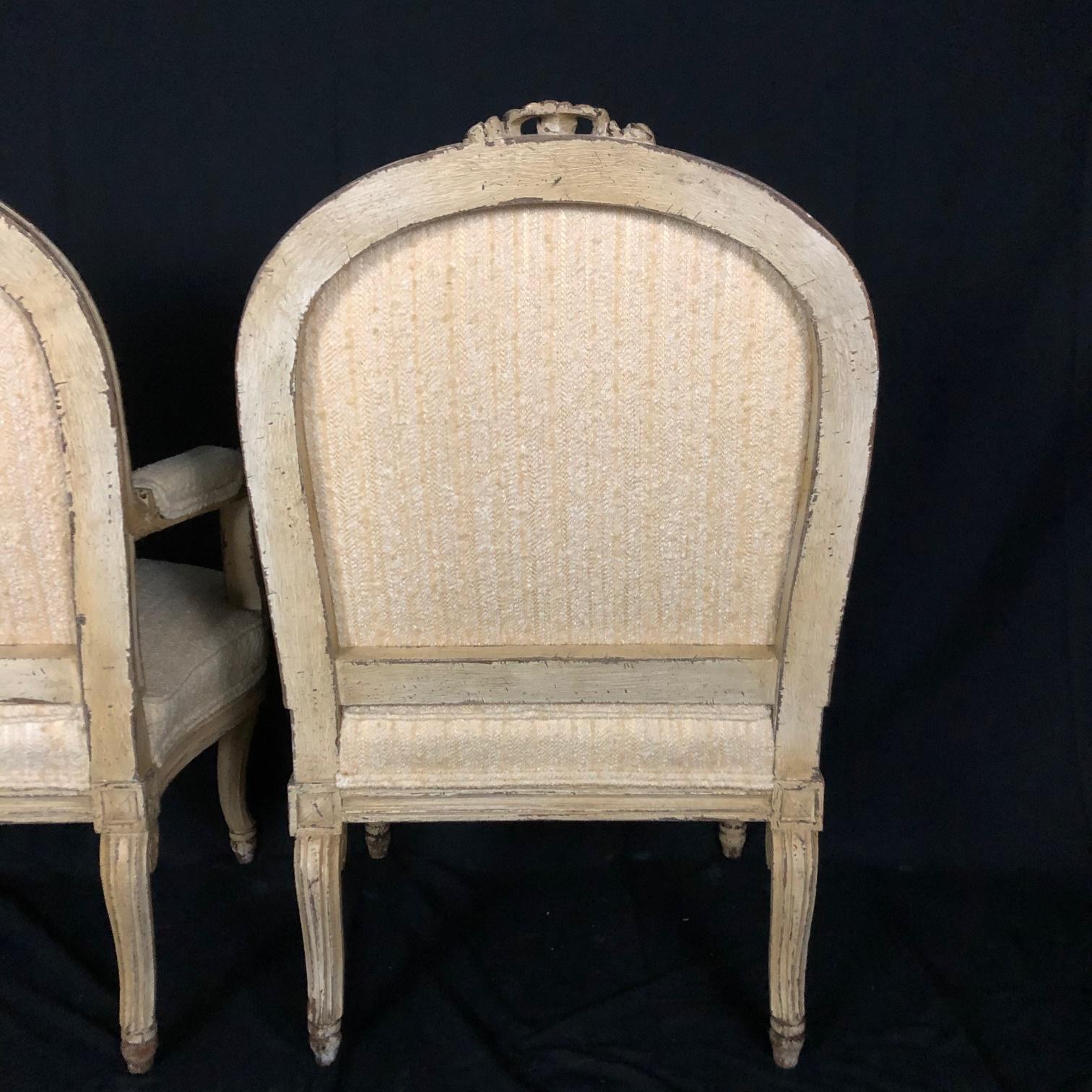 Pair of Louis XIV Neoclassical Style Cream Painted French Bergere Armchairs 3