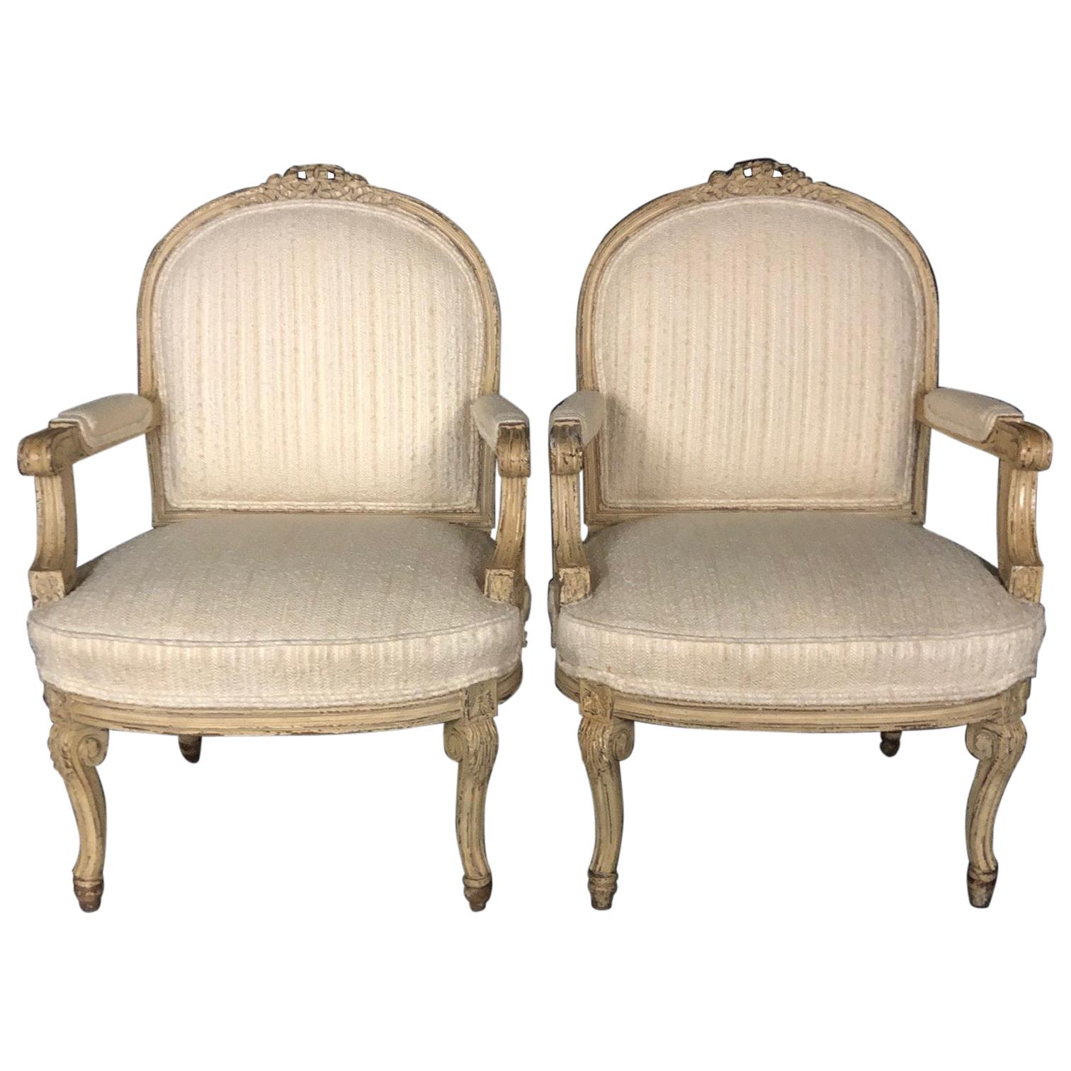 Pair of Louis XIV Neoclassical Style Cream Painted French Bergere Armchairs