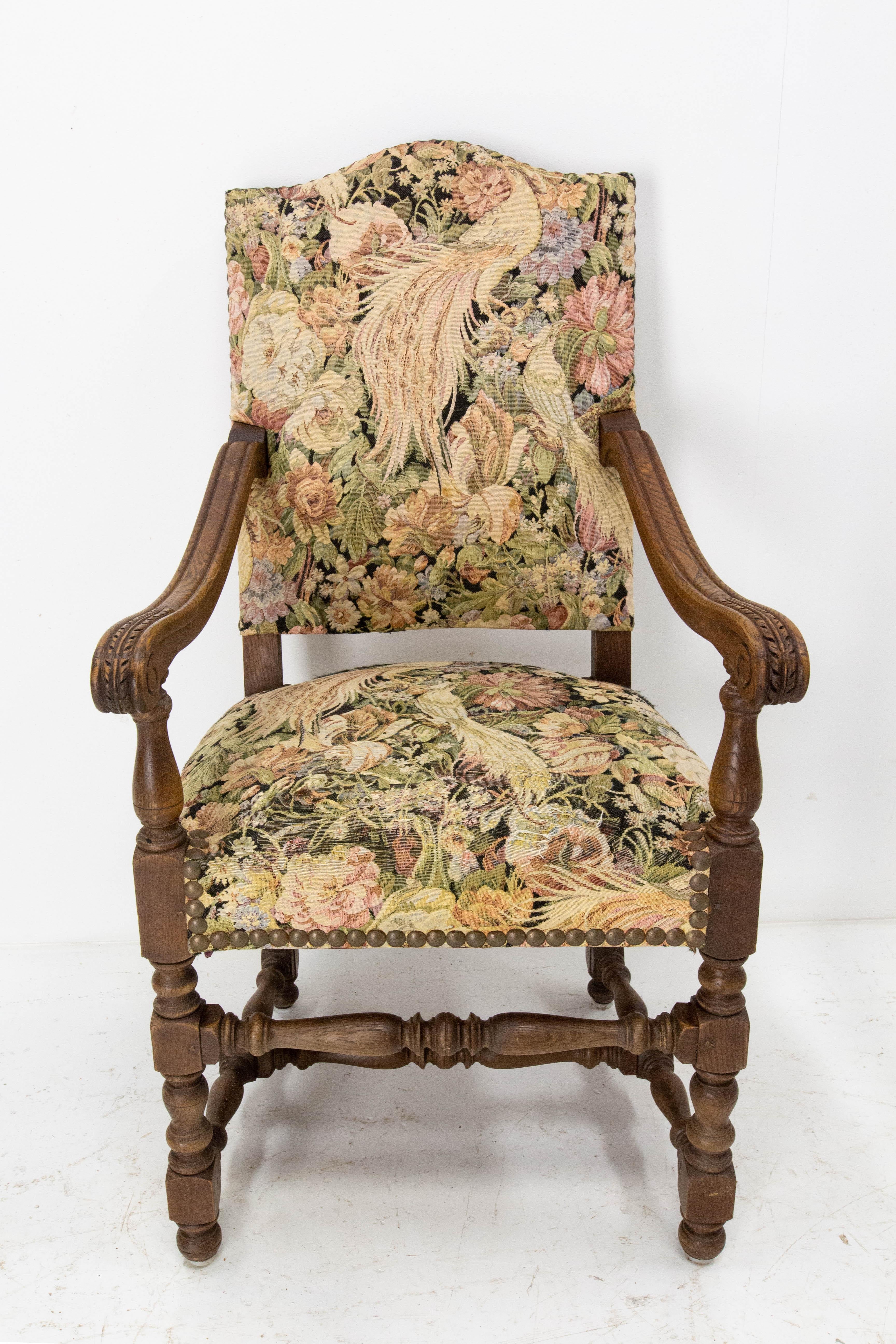 Oak Pair of Louis XIV Revival Armchairs French, Late 19th Century to Recover For Sale