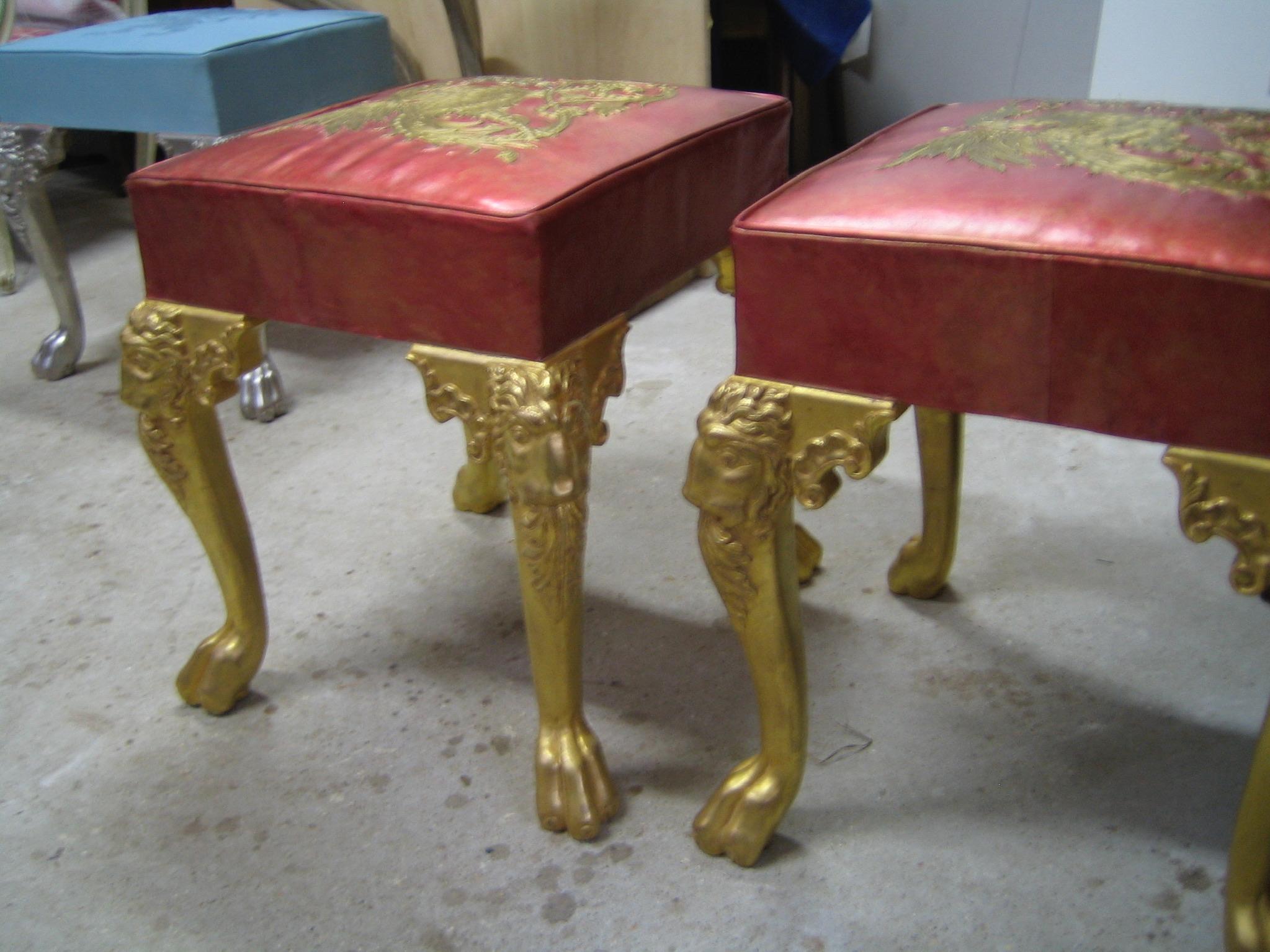 Pair of Louis XIV Style Stools of Giltwood, Leather by Maison Straure, France In Good Condition In Fort Lauderdale, FL