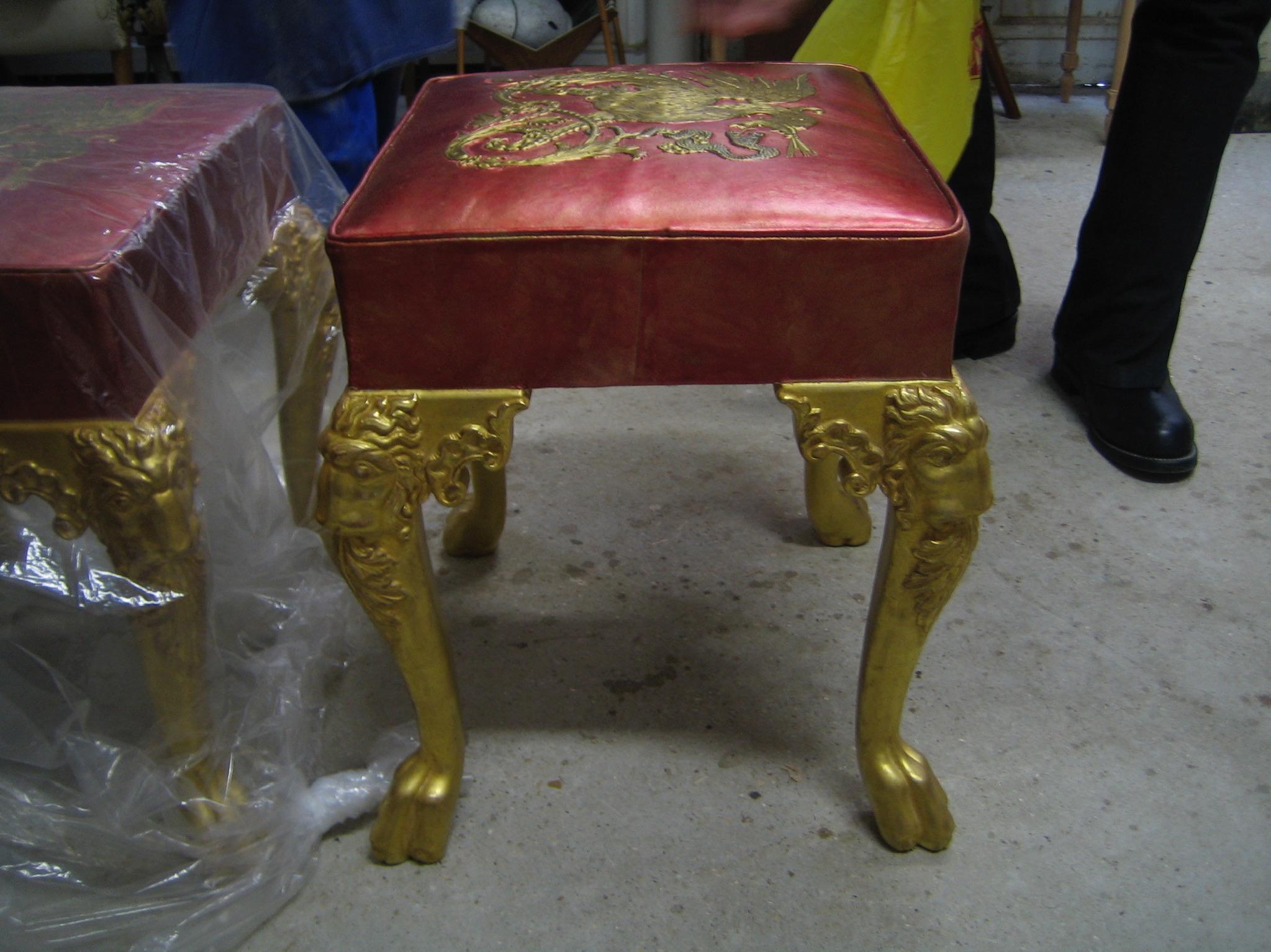 Contemporary Pair of Louis XIV Style Stools of Giltwood, Leather by Maison Straure, France