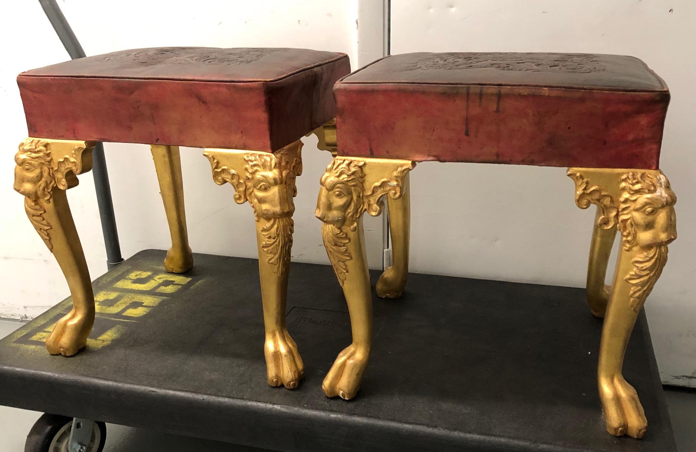 Pair of Louis XIV Style Stools of Giltwood, Leather by Maison Straure, France 3